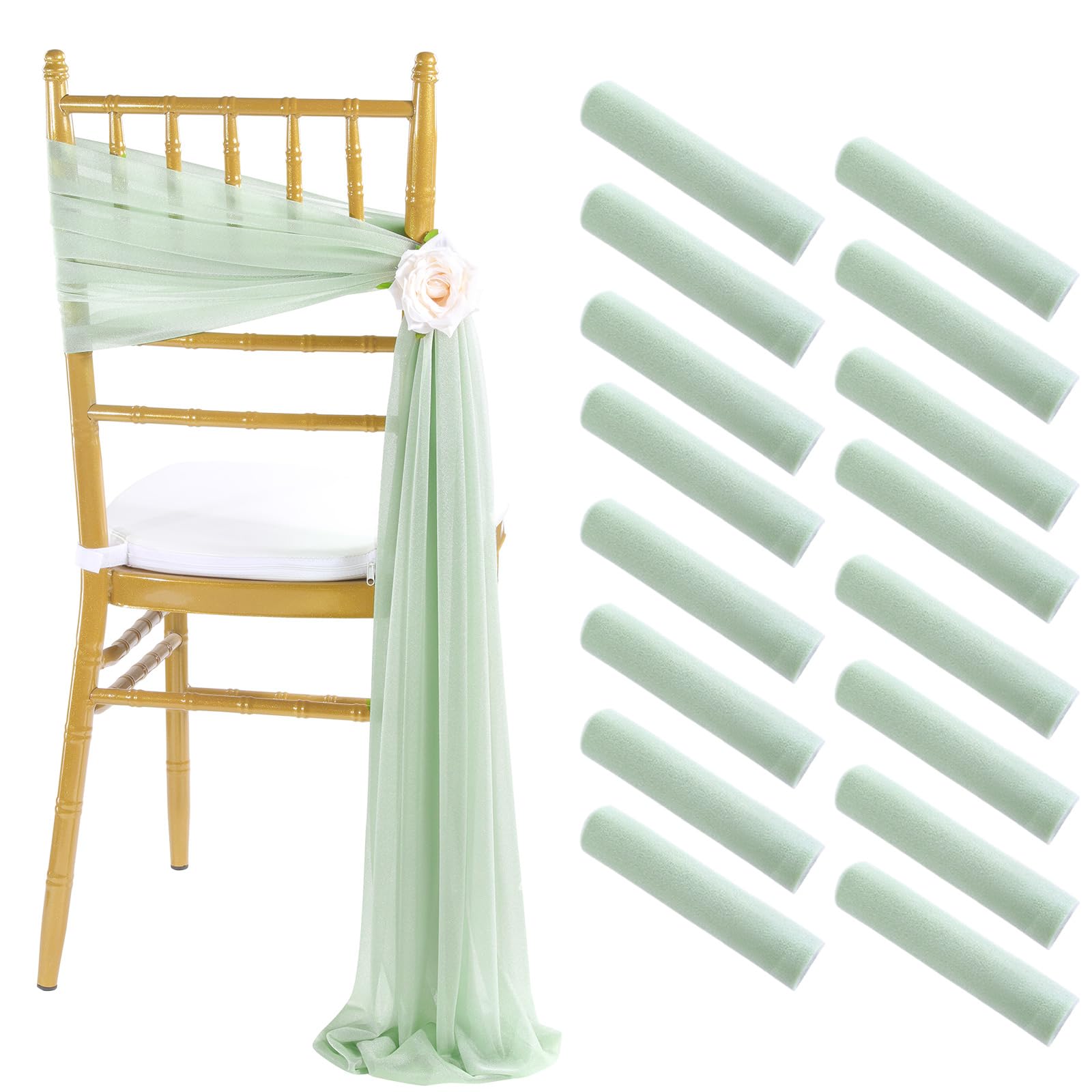 Fanqisi Sage Green 8Ft Long Wedding Chair Sashes 16 Pieces Draping Fabric For Ceremony Reception Outdoor Aisle Chair Decorations