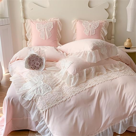 Ruffled Bedding Bow Duvet Cover -Twin Size Pink Chic Lace Bedding Set with Cute Bowtie-2 Pieces Soft Comforter Cover Set with Zipper Closure-Romantic French Princess Style-No Comforter-Pink,Twin Size