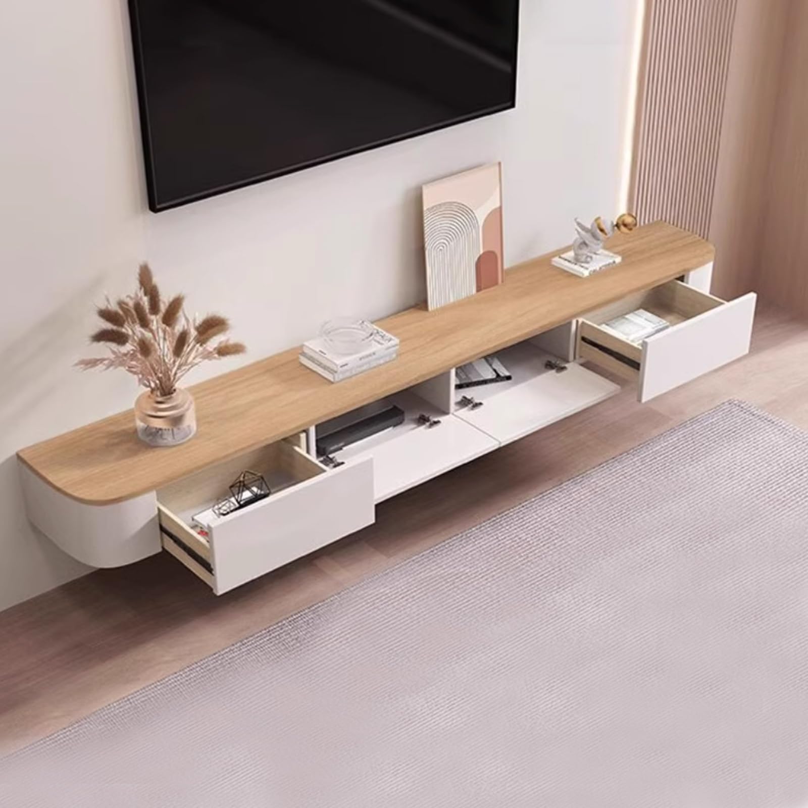 Mobile TV A Parete, Consolle TV Sospesa In Legno Massello Con Mobile Bianco E Piano In Legno Mensola Multimediale Minimalista Per Soggiorno Disponibile Nelle Misure Da 120 A 300 Cm(120CM/47.2IN)