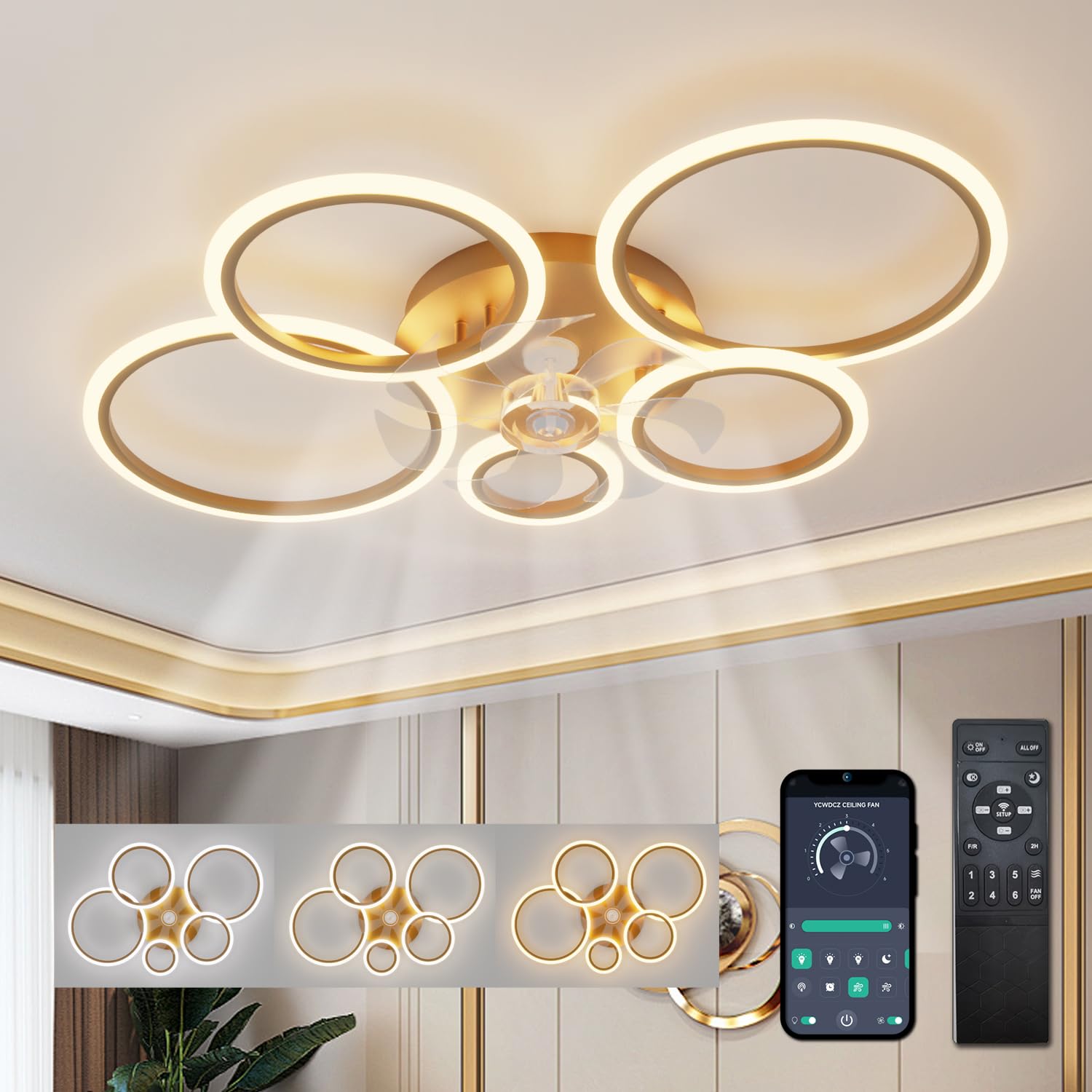 ycwdcz LED Ceiling Fan Lamp, Ring Ceiling Fans with Silent Light, Dimmable, 6 Speeds, DC Motor, Summer/Winter Mode, Modern Ceiling Led Fan, Gold