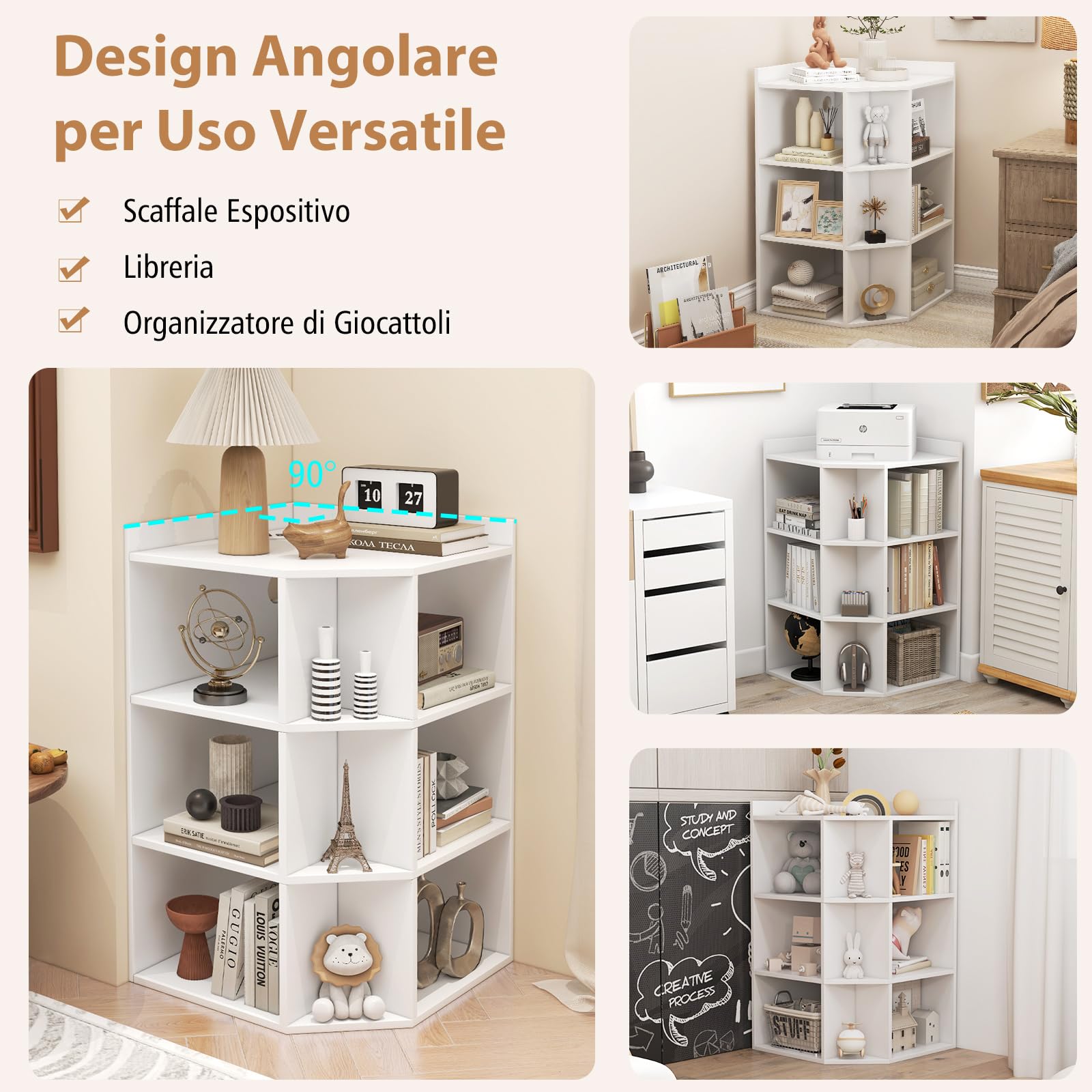 COSTWAY Mobile ad Angolo a 3 Livelli in Legno, Libreria Angolare Aperta con Stazione di Ricarica 9 Cubi 2 Porte USB e 4 Prese, Adatto per Spazi Ridotti, 51x71,5x86 cm (Bianco)