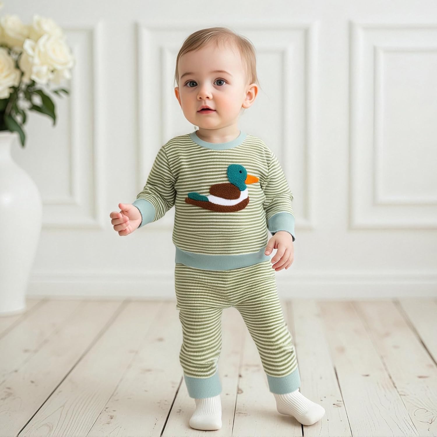 fhutpw Baby Toddler Boy Girl Fall Winter Clothes Embroidery Stripe Pullover Pants Sets Infant Long Sleeve Sweatshirt Outfits - Image 2