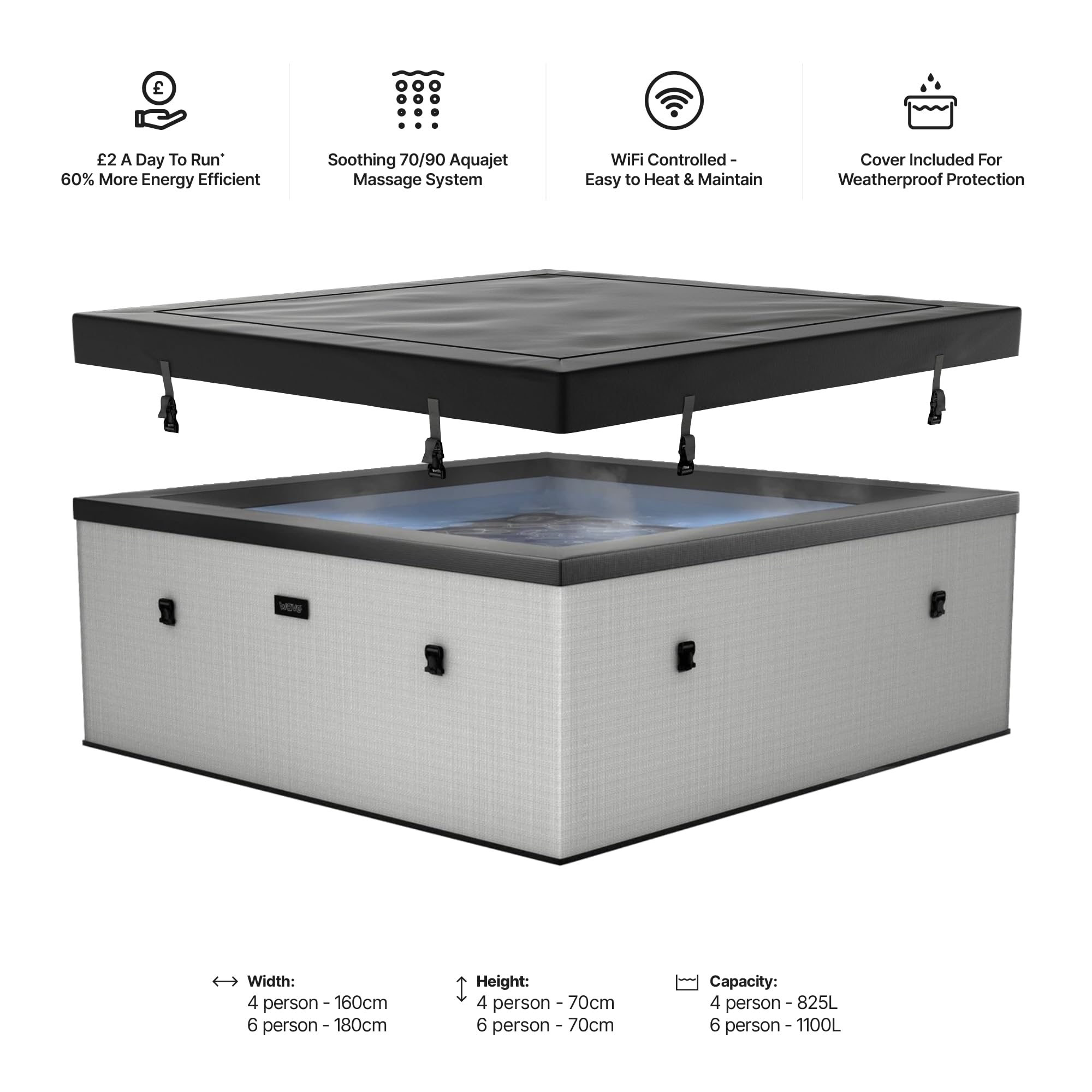 Wave Eco Foam Vasca idromassaggio | Spa portatile all'aperto con riscaldamento rapido | Materiale in PVC durevole | Configurazione semplice (Garda, Grigio Grafite | 6 Persone)