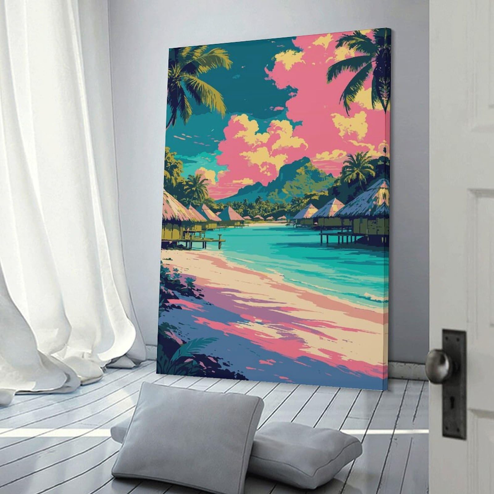 Junmoney Tropical Beach with Bungalows And Palms Hanging Wall Art, 20x30inch(50x75cm), for Living Room, Bedroom, Office Or Hallway, Decorative Artwork with Broad Appeal