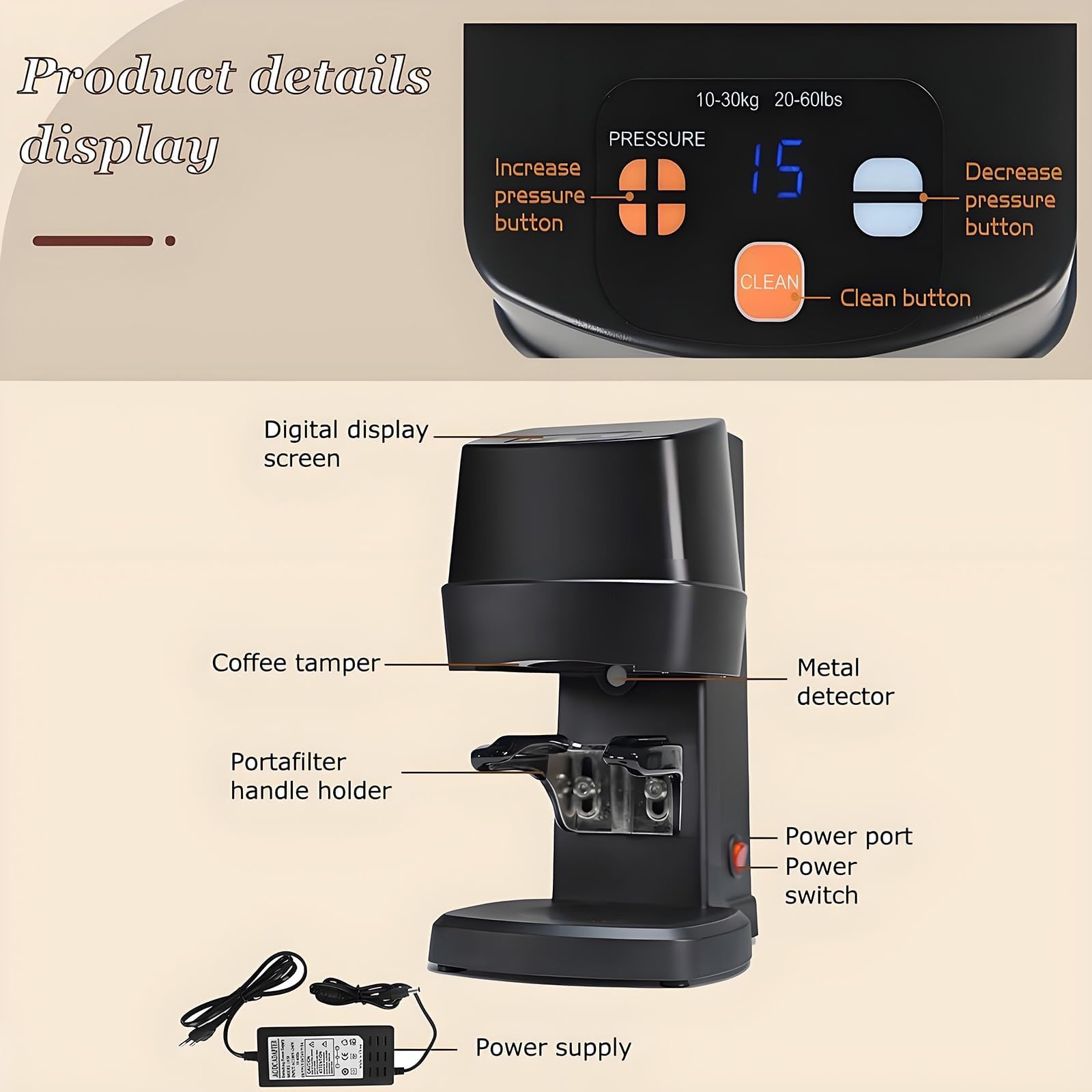 Elektryczny Tamper Do Kawy, Automatyczny Tamper Do Espresso Z Funkcją Czyszczenia I Regulowanym Stojakiem, Regulowany Nacisk 10–30 kg, Profesjonalna Prasa Do Kawy Mielonej Do Kawiarni black Threaded
