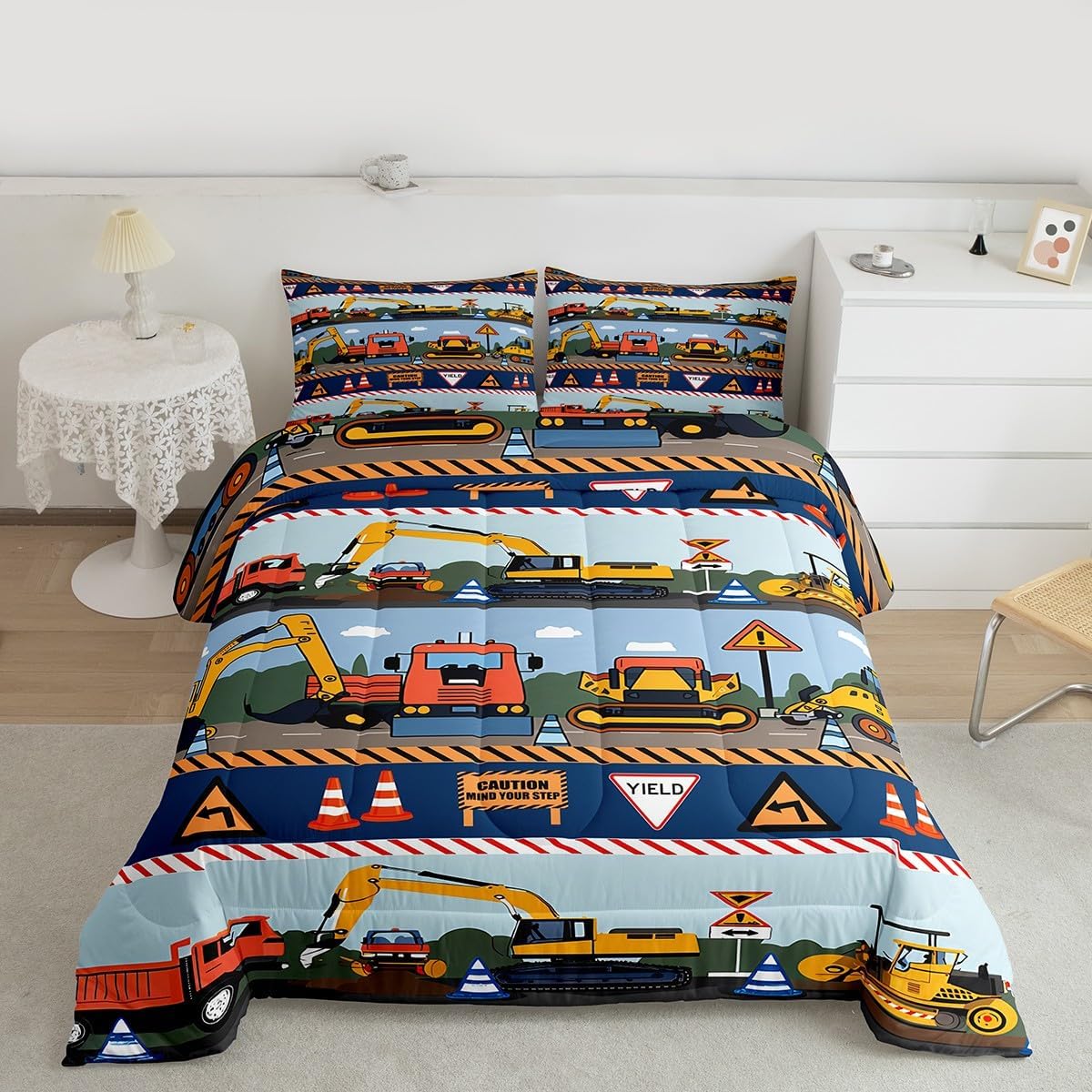 Feelyou Kids Construction Comforter Set Equipment Trucks Bedding Set for Boys Decor Indicator Cartoon Car Comforter Construction Vehicles Grey Duvet Set Queen Size with 2 Pillow Case Boys