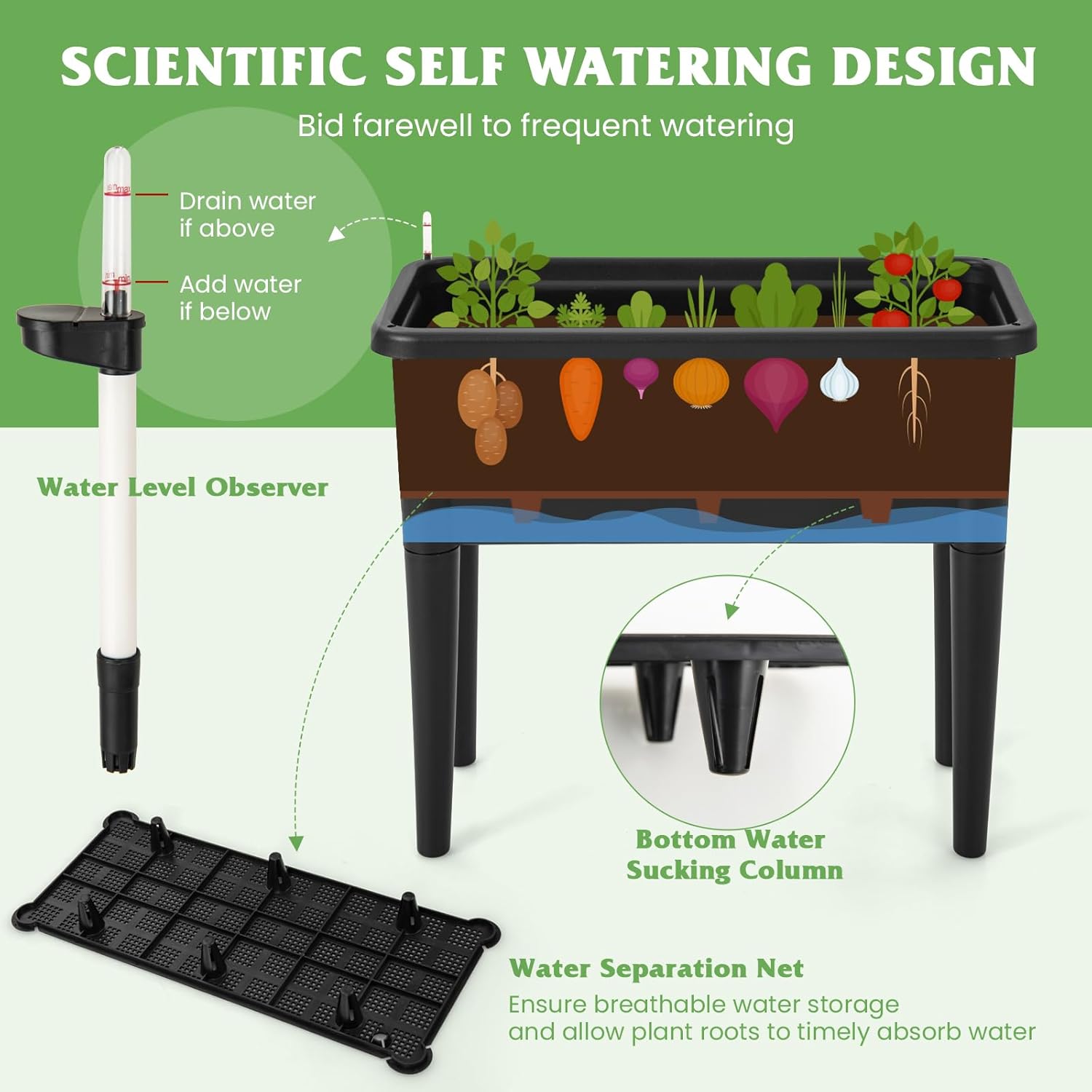 Black and Green Raised Garden Bed with Trellis and Self-Watering Planter