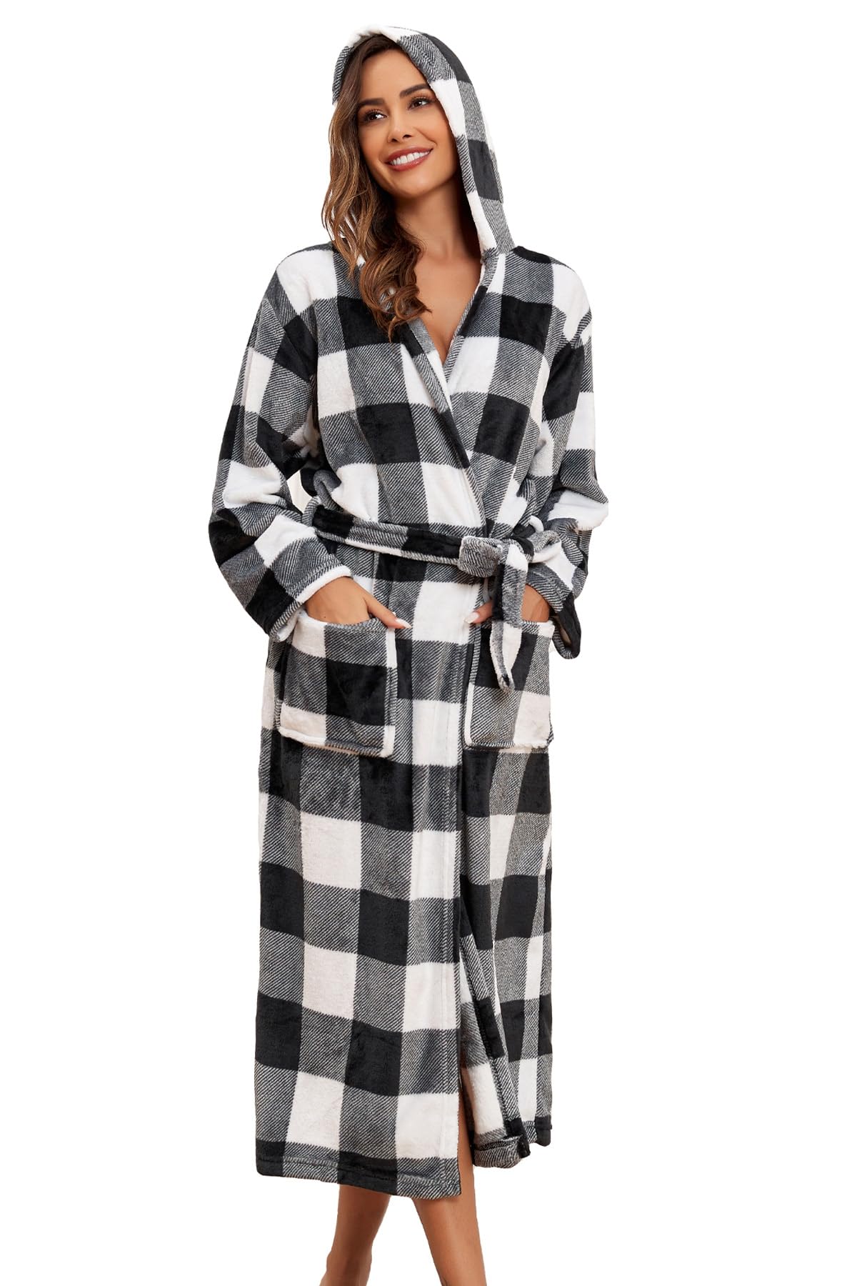 1stvital Womens Plush Hooded Bathrobe Fleece Long House Coat Soft Sleepwear Flannel Winter Robes Fluffy Nightgown with Pocket