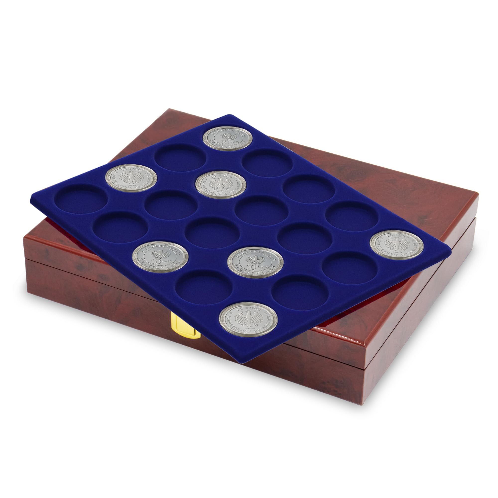 SAFE 5797 kasetka na monety z drewna korzeniowego Premium | w zestawie 3 aksamitno-niebieskie tablice na 60 sztuk monet 10€/20€ w kapsułach | format: 258 x 205 x 45 mm