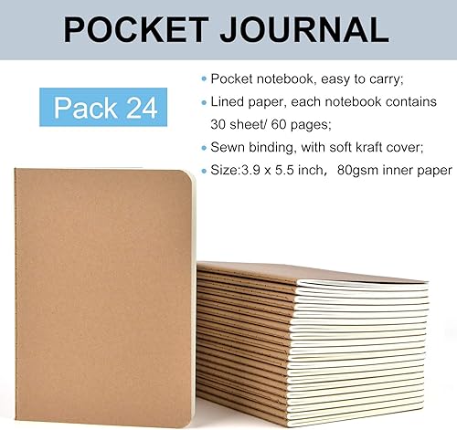 Miniatura 3 de Paquete de 24 cuadernos de bolsillo, cuadernos pequeños de línea kraft marrón, mini bloc de notas de tema, planificador para estudiantes, oficina y