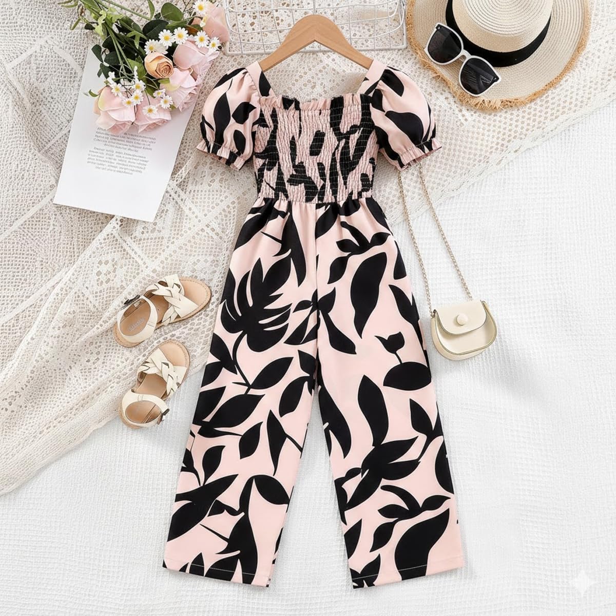 Girls Puff Sleeve Smocked Jumpsuit Floral Print Wide Leg Summer Romper for 3-9Y