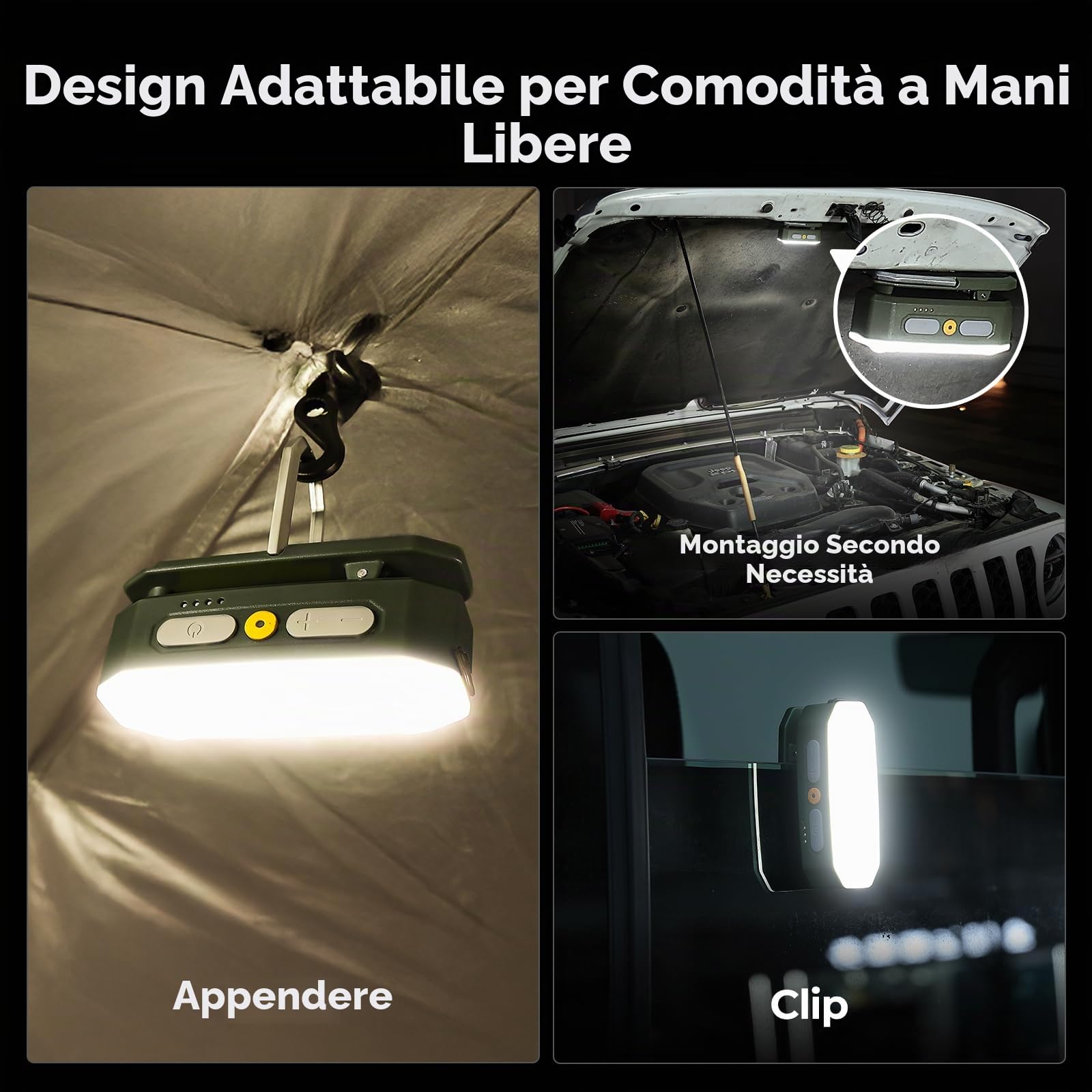 BougeRV Lampada Campeggio AL01, Sensore, Autonomia 48h, Verde Scuro | 380lm, 3200mAh, Lanterna Ricaricabile, 5 Livelli, 4 Modalità, Gancio e Magnete, Luce da Tenda per Viaggi ed Emergenze