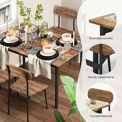 Miniatura 9 de Juego de mesa de comedor de cocina para 4, moderno juego de mesa y sillas de comedor rectangulares de 5 piezas, juego de mesa de metal de madera