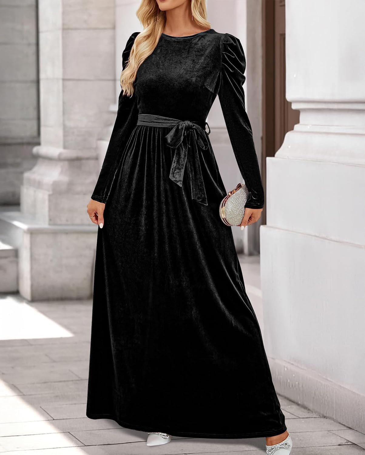 ZESICA Women's Velvet Maxi Dress Fall 2026 Long Puff Sleeve Crew Neck Elastic High Waist Cocktail Party Bridesmaid Dresses - Image 8