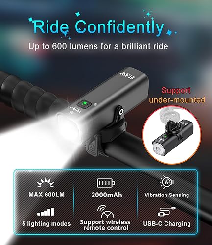 Miniatura 2 de TOWILD CL600 Luces de bicicleta para conducción nocturna, compatibles con montaje GarminGoPro, 600 lúmenes, batería recargable de 2000 mAh, luz