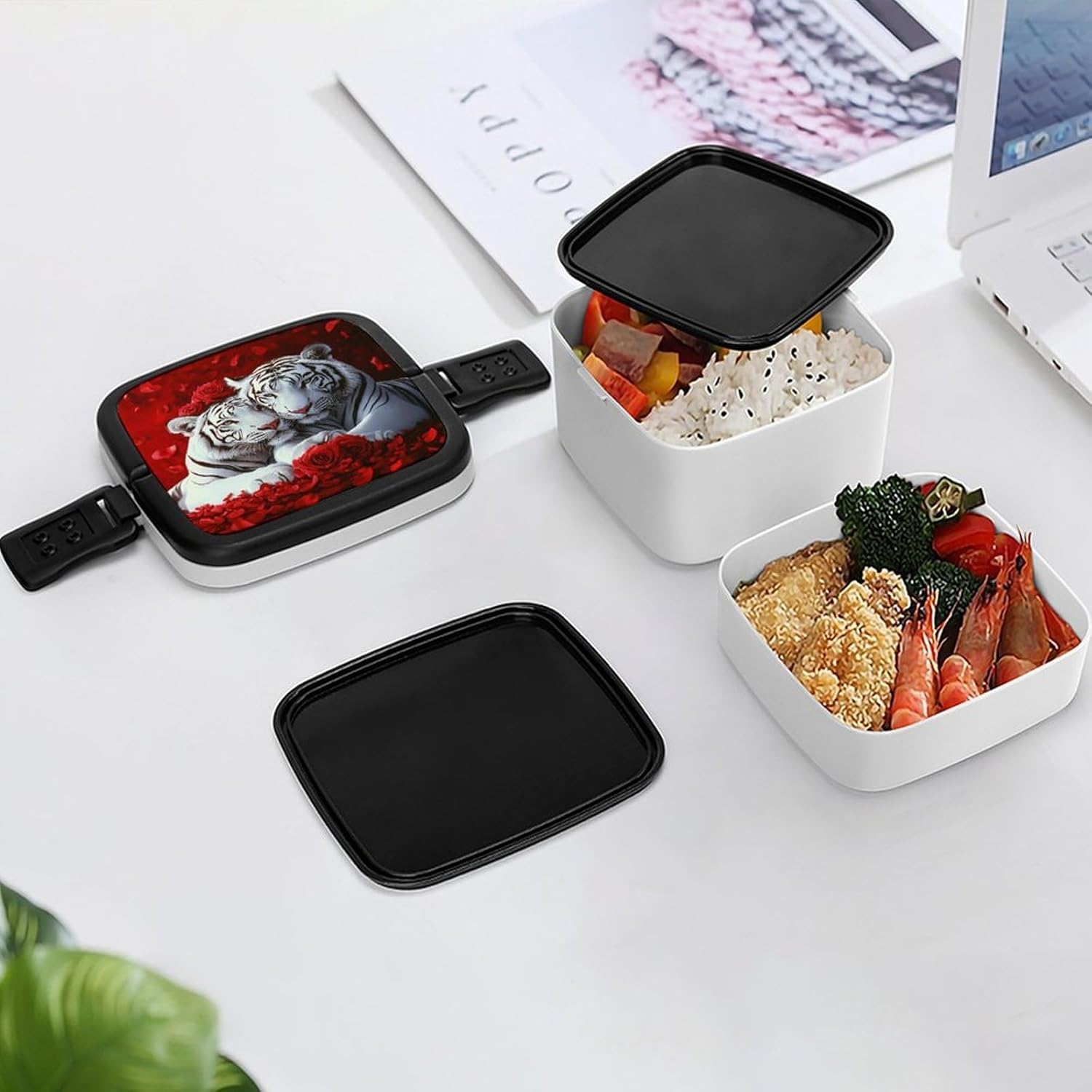 Tiger Red Rose Bento Box with Spoon 2 Layer Food Container Cute Lunch Box for Travel Dining Work