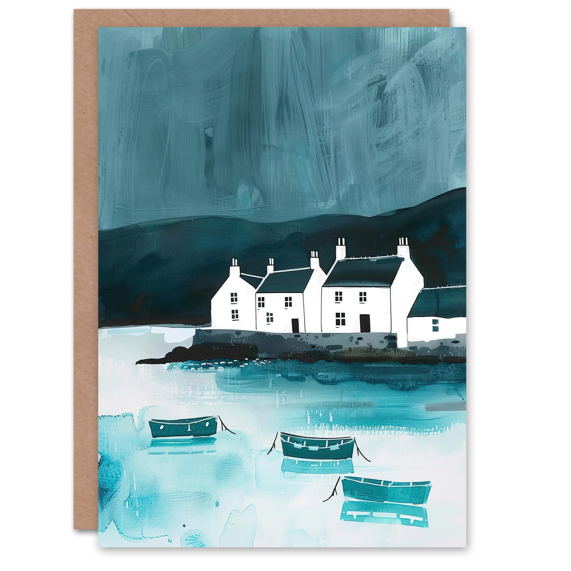 Artery8 Greeting Card Scottish Seascape White Coastal Cottages Boats Blank For Him Or Her Art Birthday Card