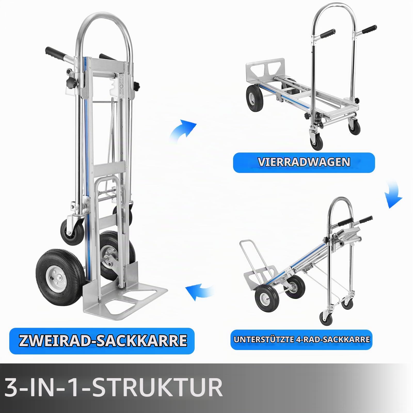 VEVOR 3-in-1-Sackkarre, zusammenklappbar, 1000 Pfund, robuster Allzweckwagen auf Rädern, umwandelbarer Aluminium-Sackkarre-Allzweckwagen mit 4 Rädern