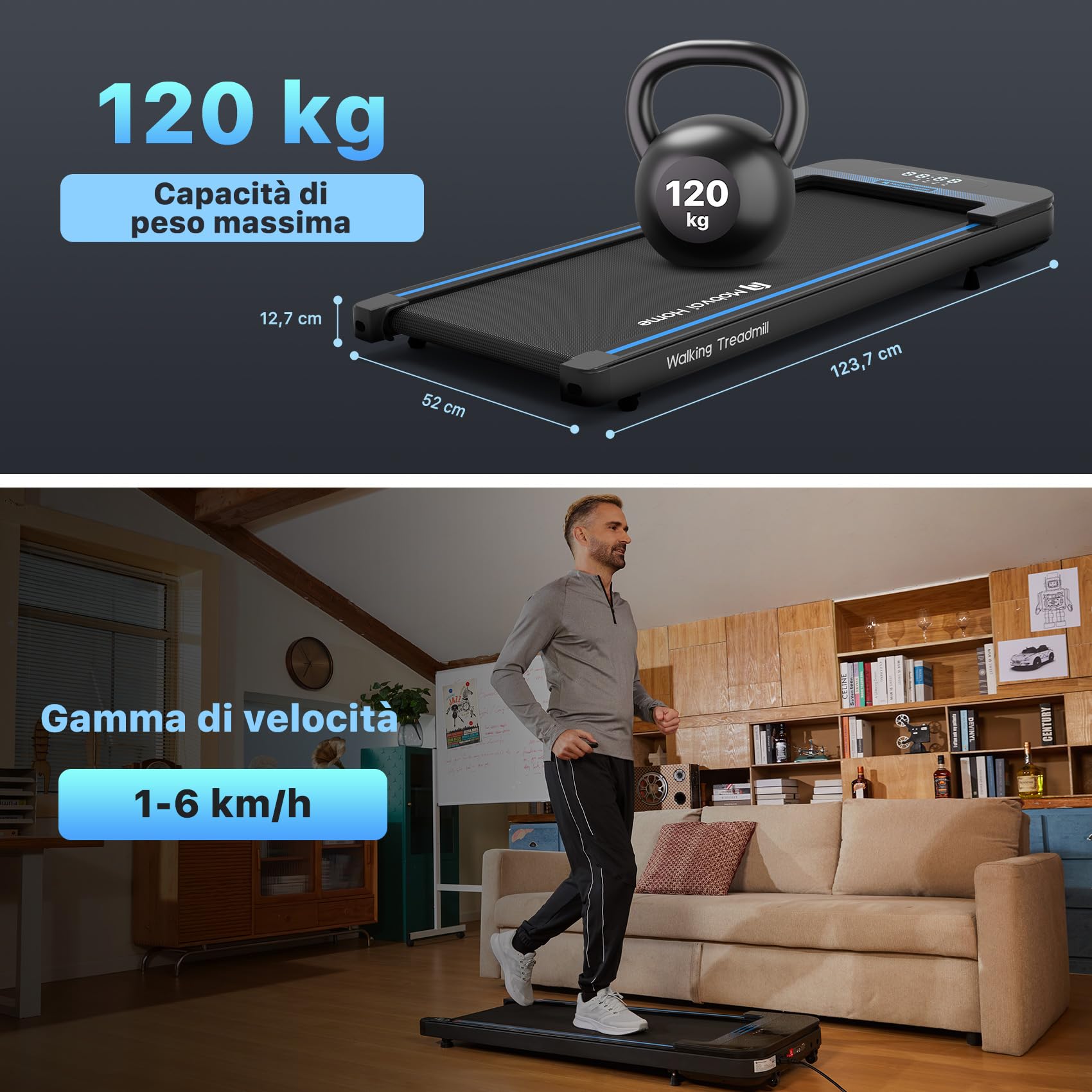 Mobvoi Tapis Roulant Elettrico Salvaspazio 1-6 km/h Sotto la Scrivania Compatto 2 in 1 Walking Pad per l'ufficio di casa 2,25 HP Jogging Machine Altoparlante Telecomando 120 kg Facile da Riporre