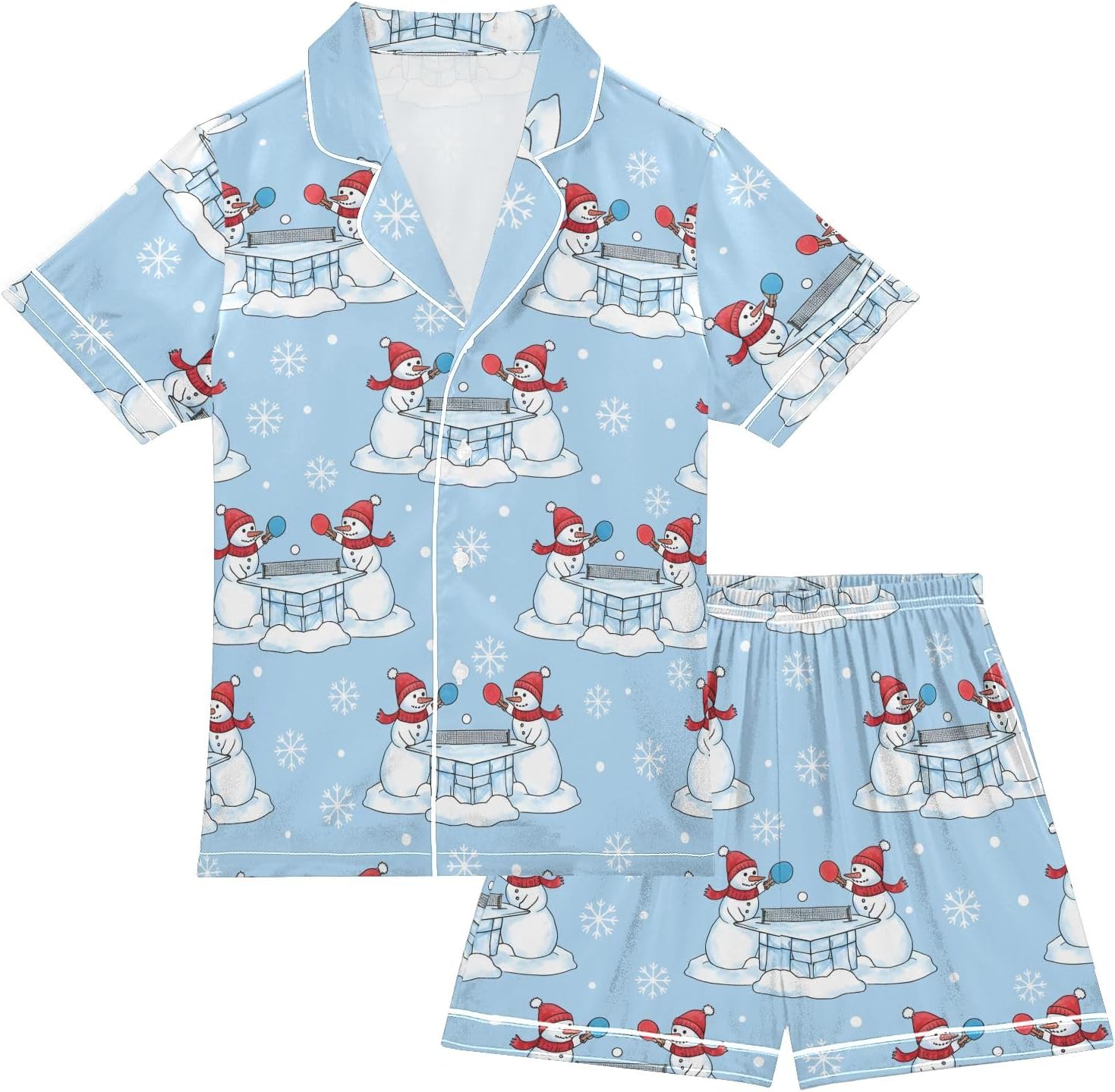 Kids Satin Wear Set Snowman Ping Pong Snowflake Pattern Relaxed Fit Clothing Short Sleeve and Shorts
