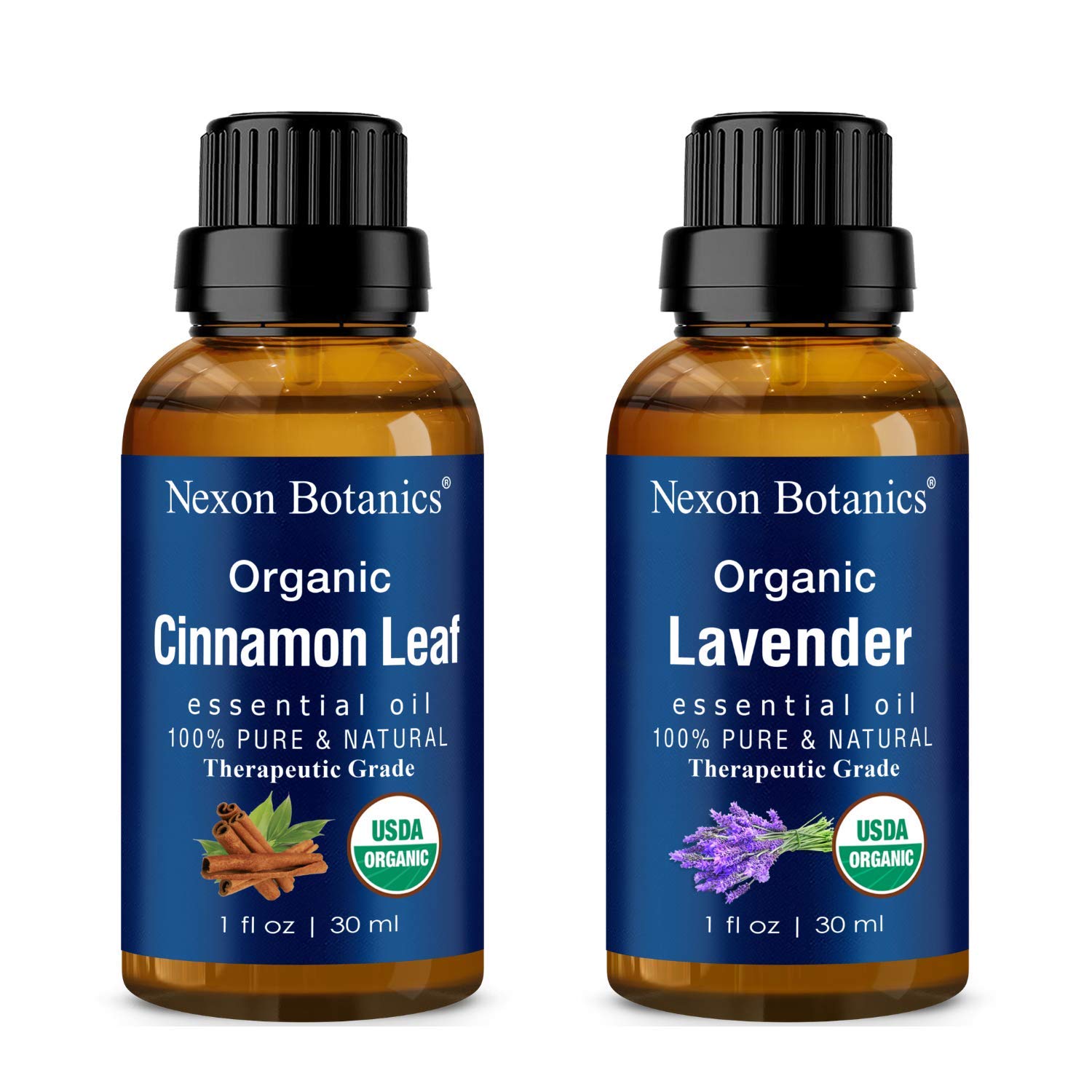 Nexon Botanics Organic Essential Oils Bundle - 100% Natural Lavender and Cinnamon Oils for Aromatherapy, Headaches Relief, Congestion, Mood Enhancement, and Deodorizing
