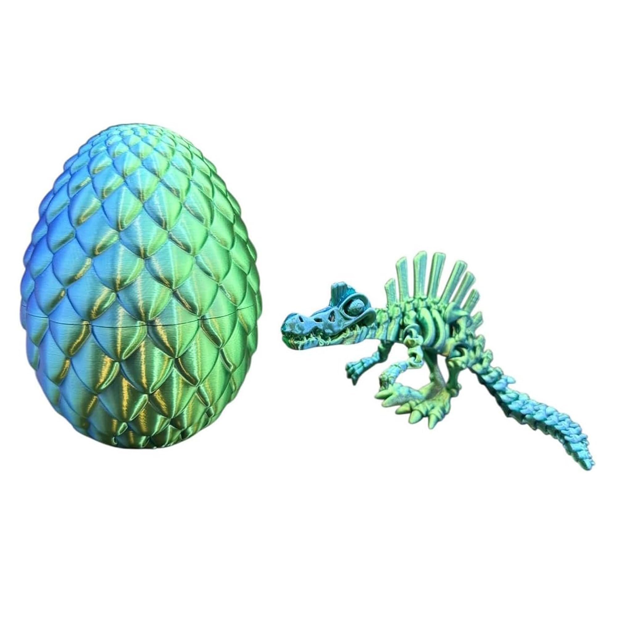 3D Printed Spinosaurus Skeleton Figure – Flexible Articulated Dinosaur Toy with Movable Joints – Poseable Prehistoric Model with Egg, Collectible Desk Decor Display for Kids & Adults - GreenBlue