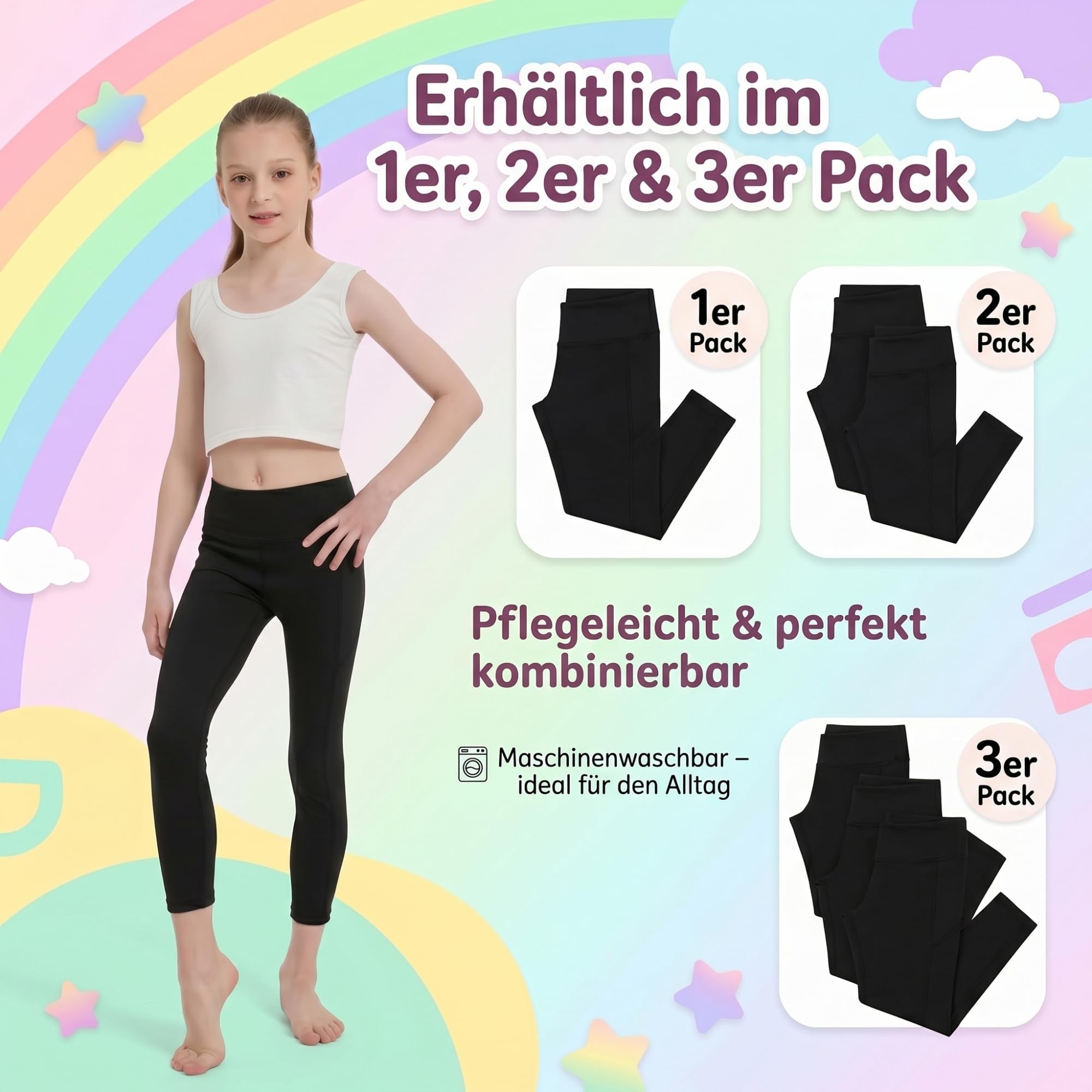 Lot de 1/2/3 leggings de sport pour fille - Noir - 9/10 - Avec poches - Pour le quotidien et les sports scolaires