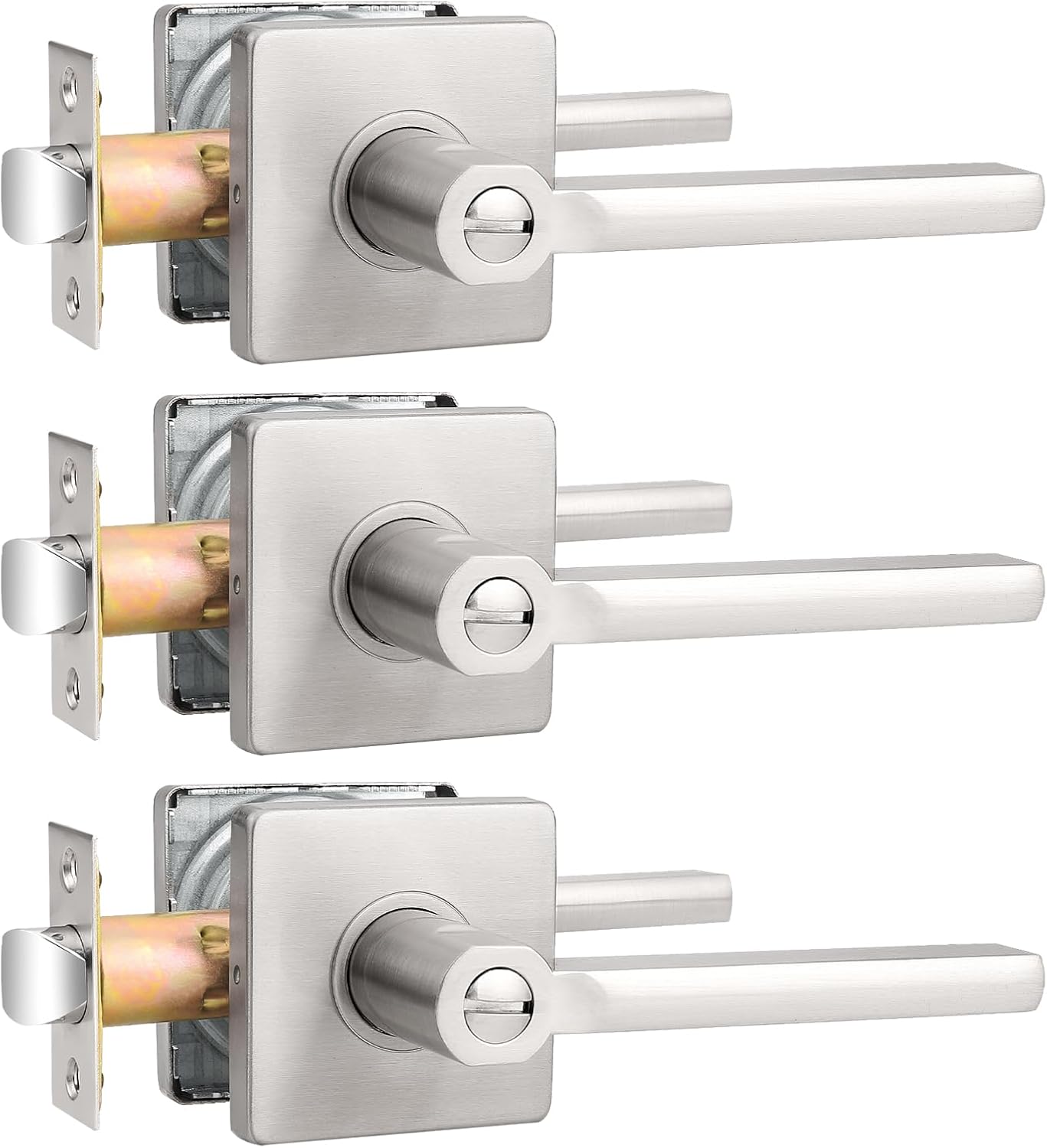 Probrico Privacy Door Handle Interior Heavy Duty Square Brushed Nickel Door Knobs for Bedroom Bathroom Reversible Keyless Door Lever Satin Nickel, 3 Pack