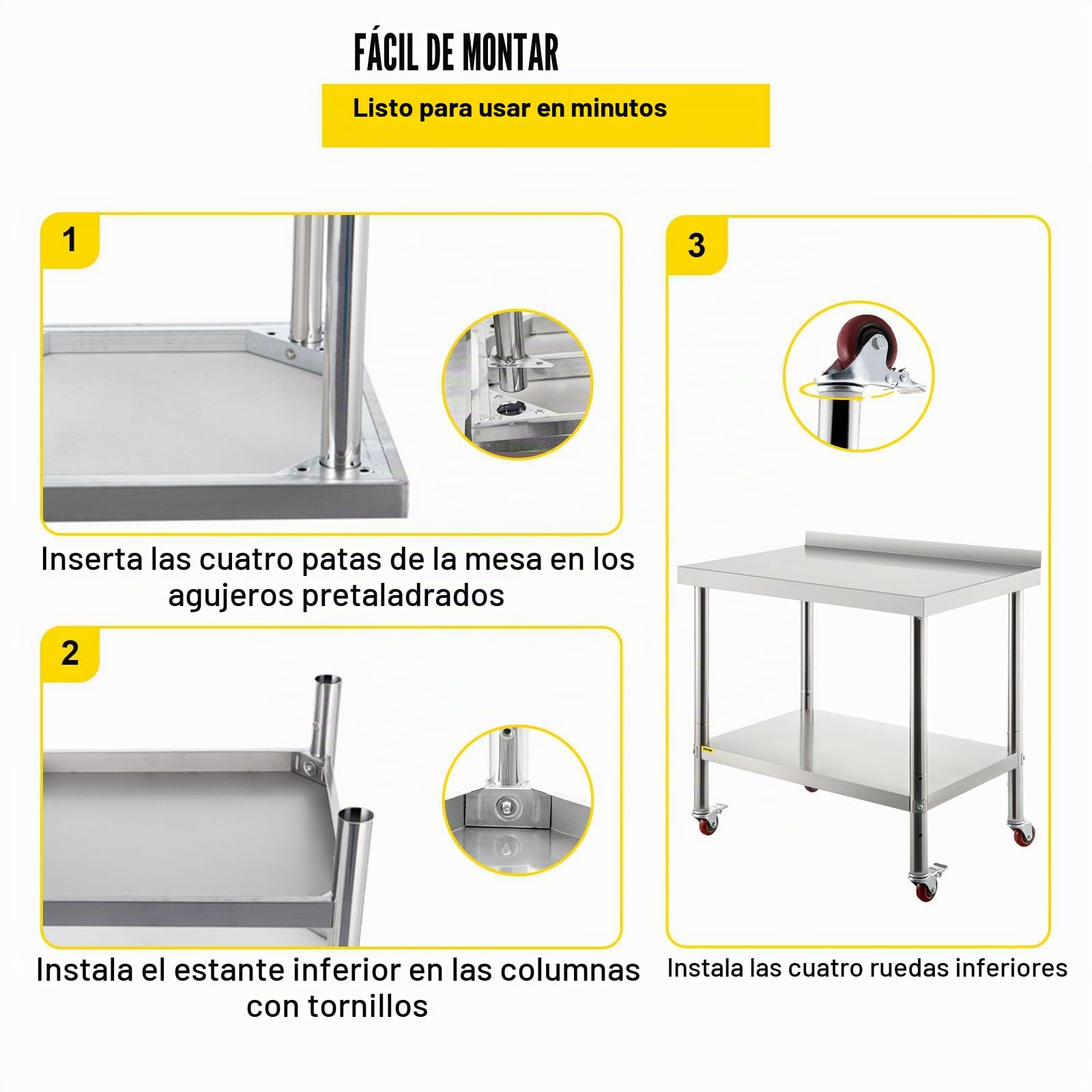VEVOR Mesa de preparación de Acero Inoxidable, 30 x 24 x 35 Pulgadas, Capacidad de Carga de 440 Libras, Mesa de Trabajo de Metal Resistente con Estante Inferior Ajustable y 4 Ruedas, estación de