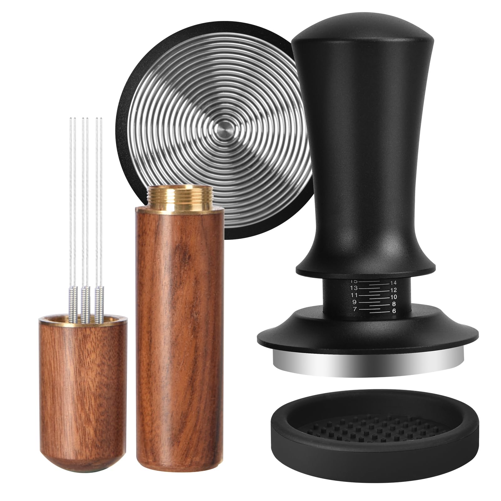 Set Pressino per caffè 51mm | con WDT Tool e Tappetino, Base in Acciaio Inox, Manico Noce, Pressino Ripple per Estrazione Uniforme