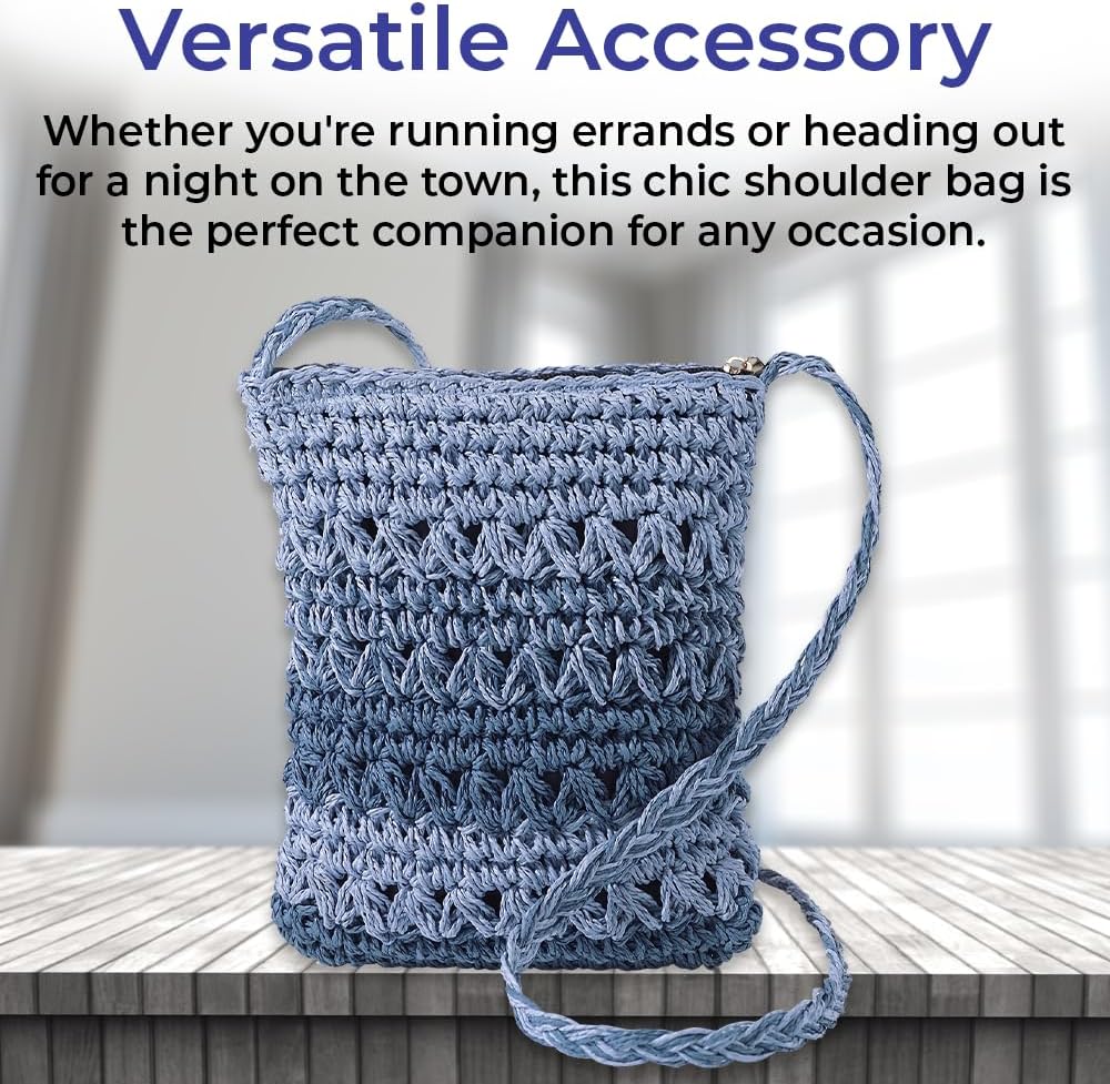 SAGEFINDS Blue Straw Handbag for Women, Woven Crossbody Purse for Summer and Beach, Shoulder Bag with Top Zip Closure, 8 ½” x 9 ½”