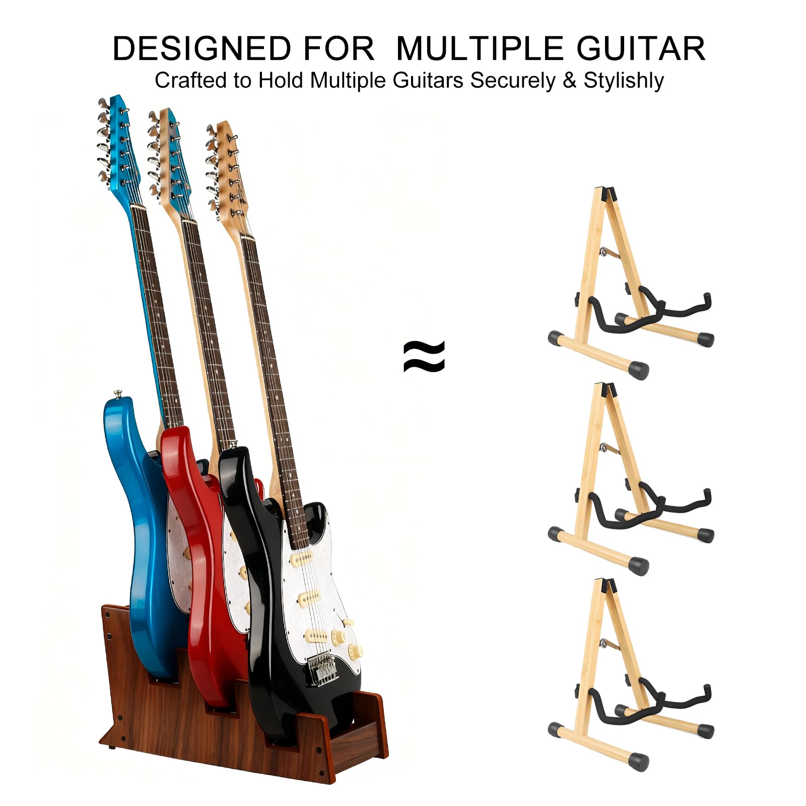 DIDA Soporte de suelo de madera para múltiples guitarras eléctricas, 3 soportes, ahorro de espacio, soporte para guitarra de suelo para casa, estudio, escenario, varias guitarras eléctricas, bajo