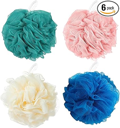 Loofah Sponge Shower Loofahs Bath Sponges Mesh Balls for Women Men Bathing Accessories Body Wash Back Scrubber 50g Soft Pouf Body Scrubber Loofahs Puff Pack, Exfoliate, Cleanse, Soothe Skin (4 4olors)