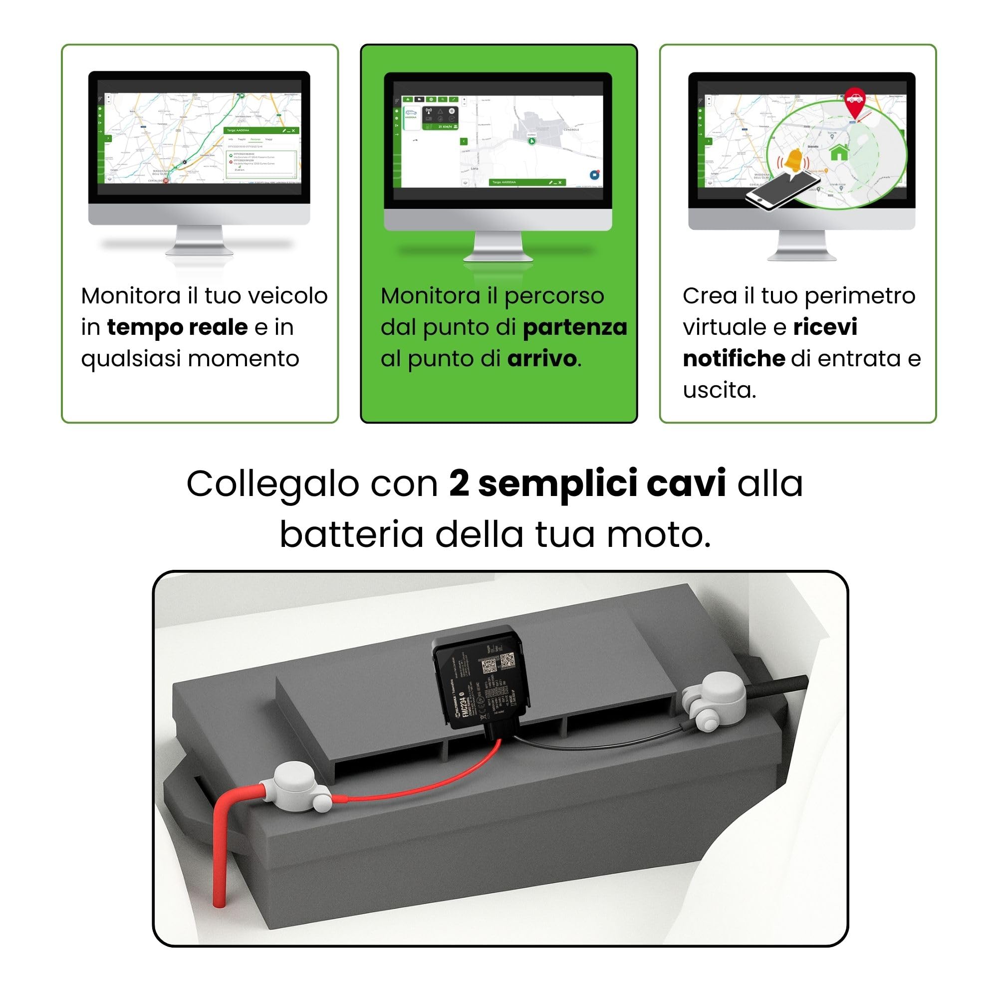 GPSMOTO Localizzatore GPS 4G per Moto con APP + Abbonamento 1 mese GRATIS, Collegamento Semplicissimo (2 cavi)