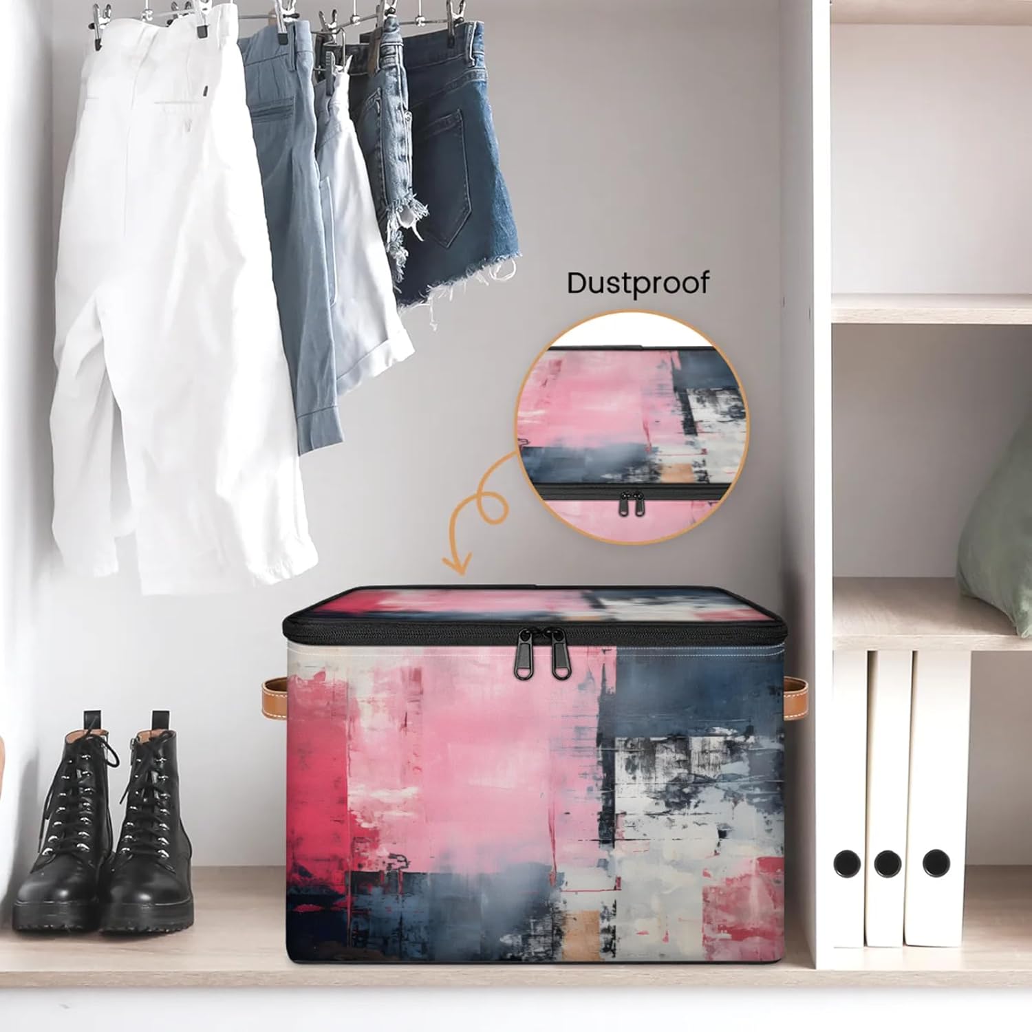 Storage Bin Set of 2 Modern Abstract Art Storage Basket with Zipper Lid & Handle Foldable Closet Shelf 2 Pack Cloth Organizer Basket Cube Bins Clothes Organizer for Nursery, Bedroom