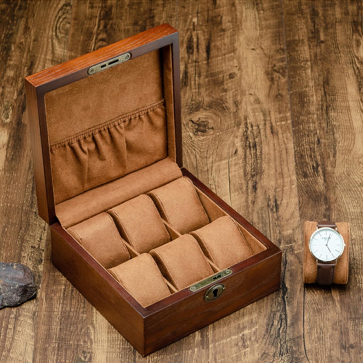 NUOBESTY Caja de Reloj de Madera Estuche para Guardar Relojes con Cerradura, 6 Ranuras, Marrón, Expositor y Organizador para Colección de Pulseras, Uso Personal y Negocio