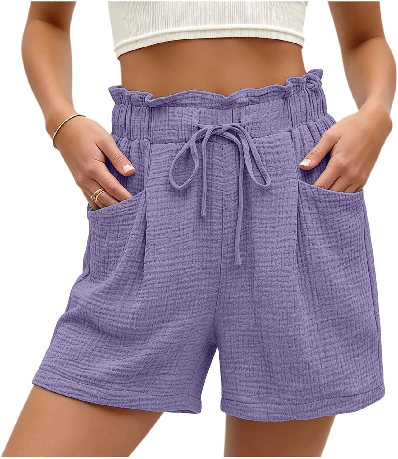 Summer Shorts for Women Casual High Waist Drawstring Cotton Short Pants Solid Color Wide Leg Short with Pockets