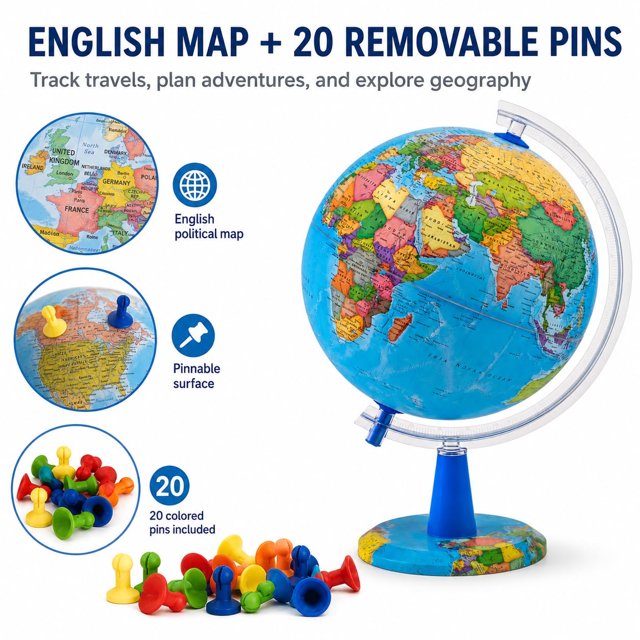 Mappamondo illuminato da 20 cm, con mappa inglese, moderno mondo politico, educativo, geografico, decorazione da tavolo