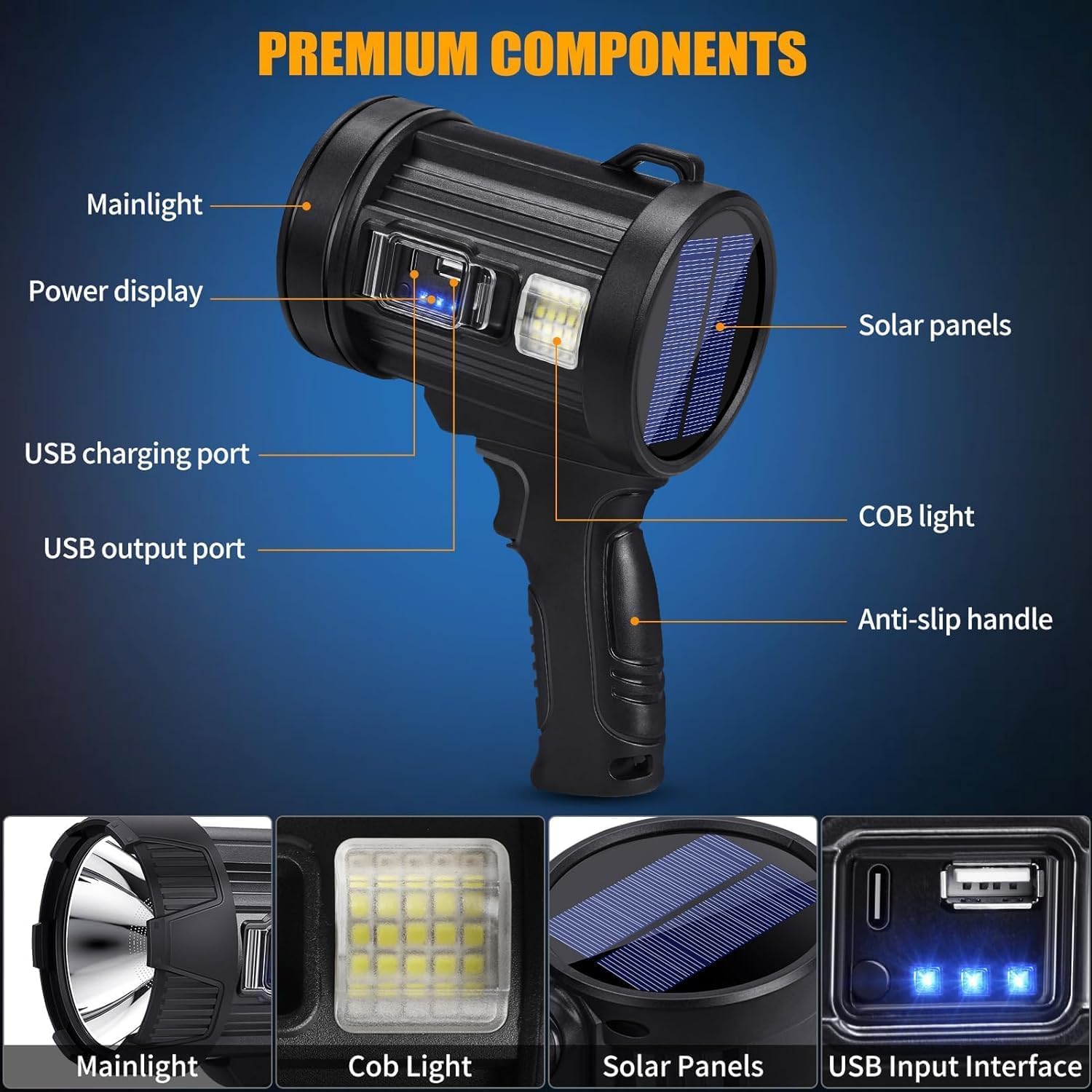 MAPPLE CREATION Aluminum Alloy High Lumen LED Flashlight, Solar Flashlight Carry Rechargeable LED Work Search Light for Camping, Fishing, Hiking Or Emergency Tip Light Portable Flashlight