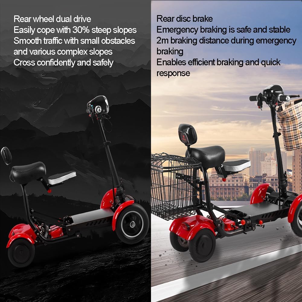 Scooters De Movilidad De 4 Ruedas, Scooters De Movilidad Plegables, Cestas Dobles Delanteras Y Traseras, Frenos De Disco Dobles para Adultos Mayores Discapacitados Viajes Al Aire Libre