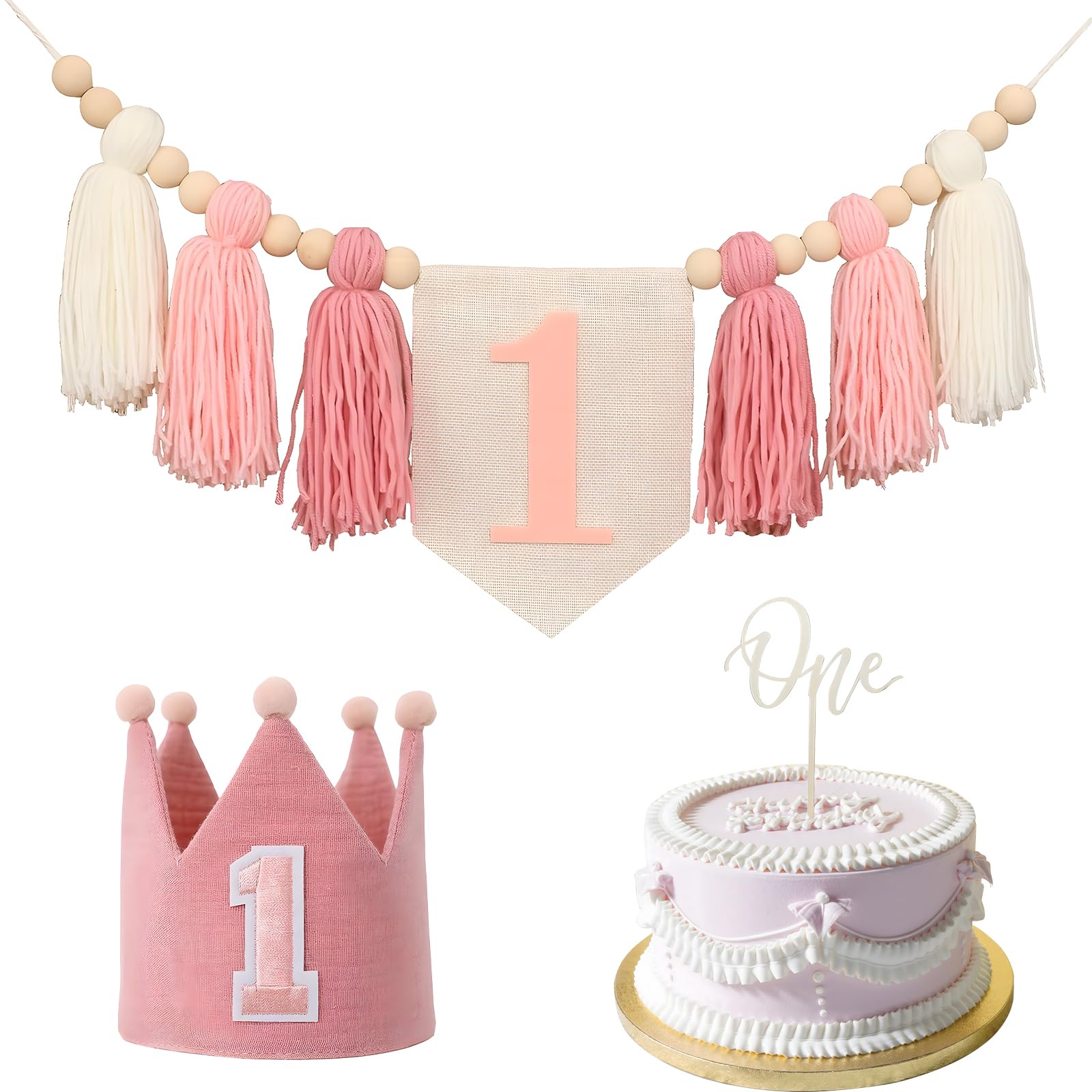 1st Birthday High Chair Banner Girls, Pink 1st Birthday Highchair Banner with One Hat Cake Topper for First Birthday Decorations Girl — image 1