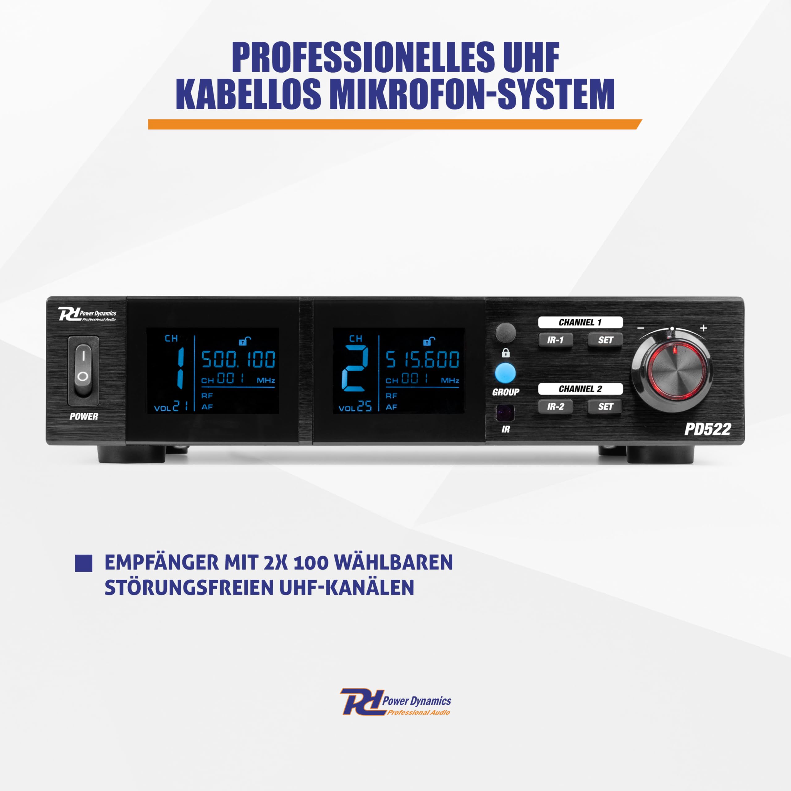 Power Dynamics PD522 Funkmikrofon Set – 2 Mikrofon Kabellos mit UHF & LCD Display – Wireless Microphone für Karaoke, DJ & Bühne – Drahtloses Mikrofon mit Empfänger & Akku – Mikrofon Wireless im Case