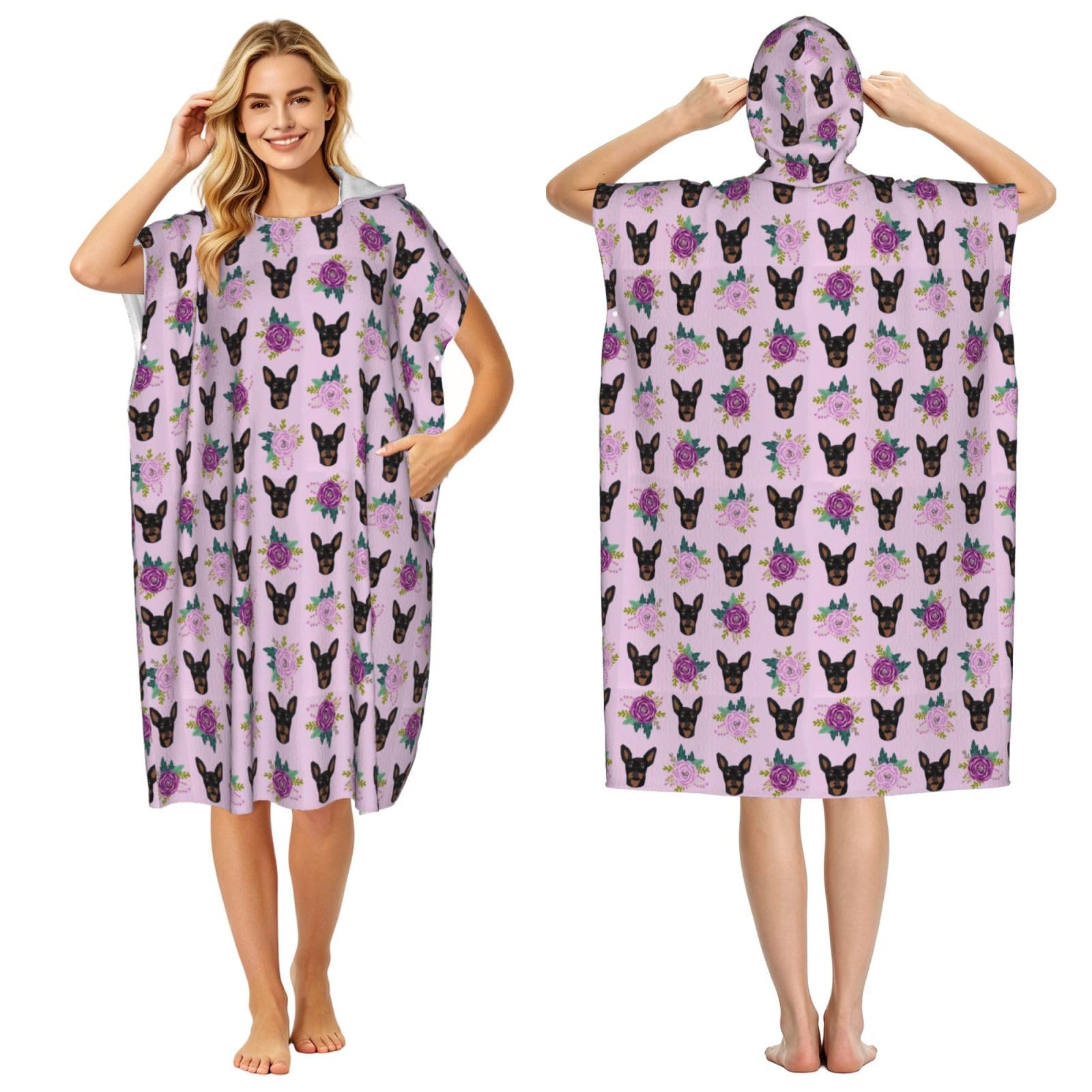 Poadnly Miniature Pinscher Lavender Florals, Adult Hooded Beach Towel 90 x 110 cm,Changing Bath Robe, Surf Poncho Towel For Women Men