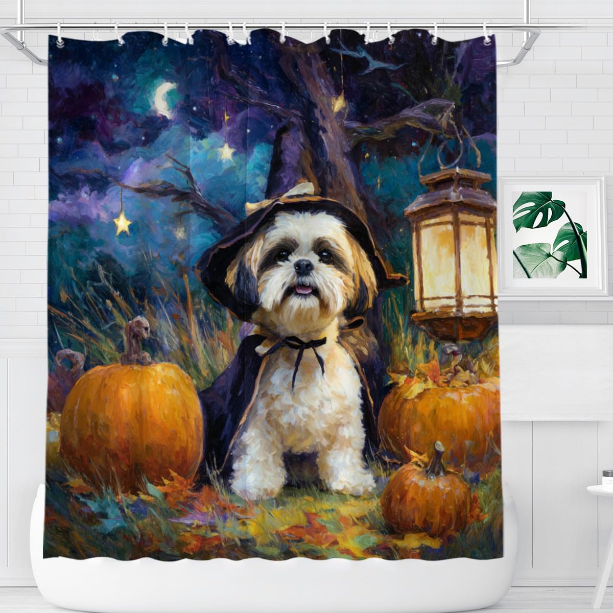 Halloween Shih Tzu Shower Curtain Pumpkin Funny Animal Scary Night Fabric Bathroom Decor Curtains with 12 Hooks 72" Wx72 H