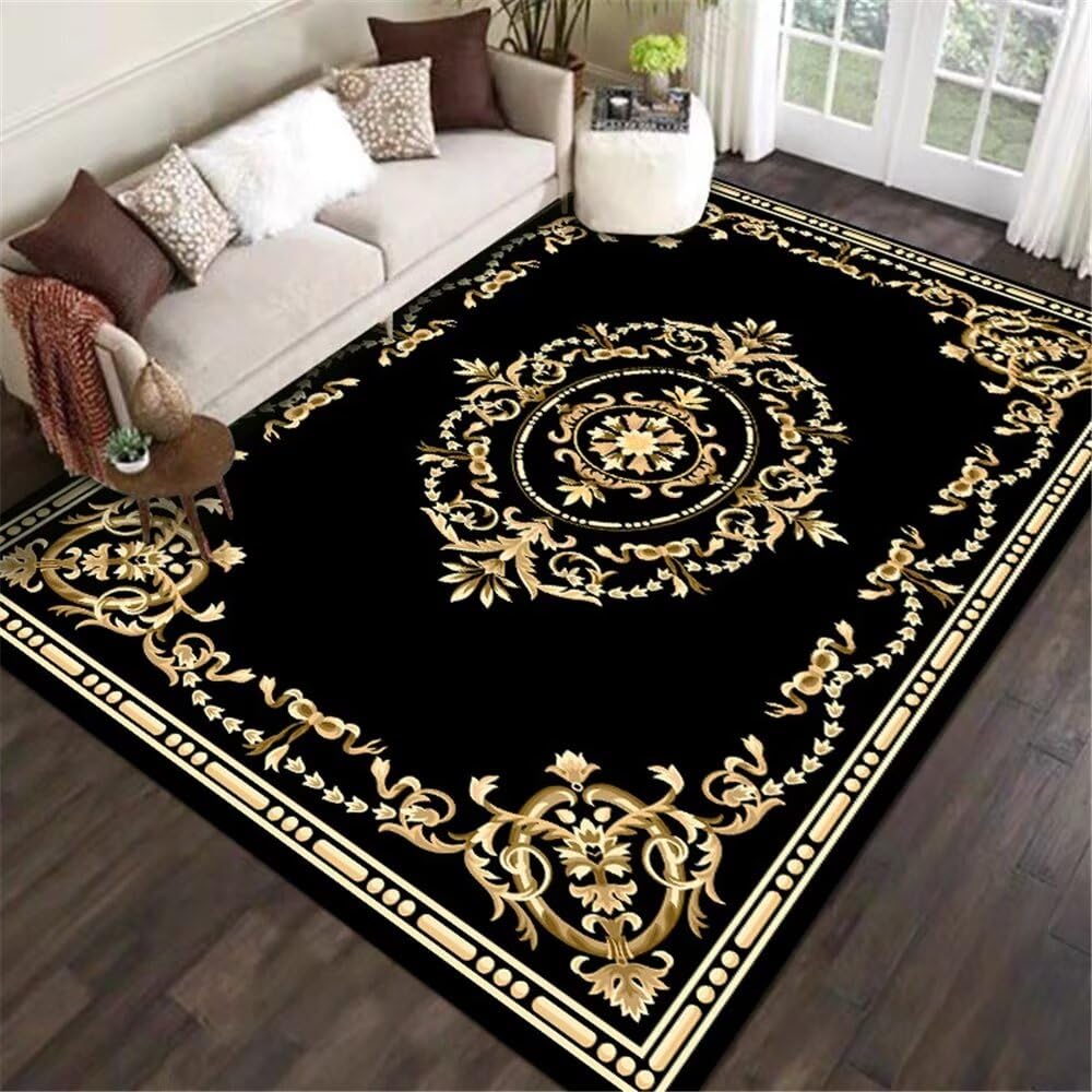 Tapis de salon facile à nettoyer grand format 200x260cm noir aux motifs floraux