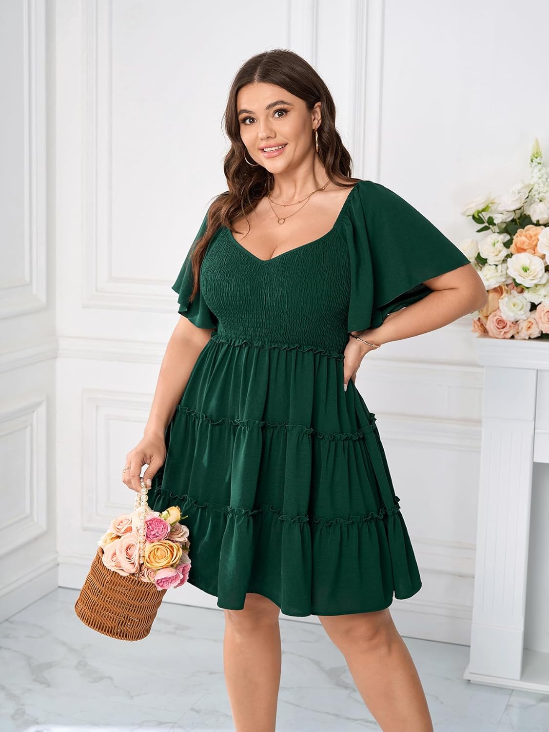 Womens Plus Size Casual Mini Dress Sweetheart Neckline Short Flutter Sleeve Smocked A Line Tiered Ruffle Dresses - Image 7