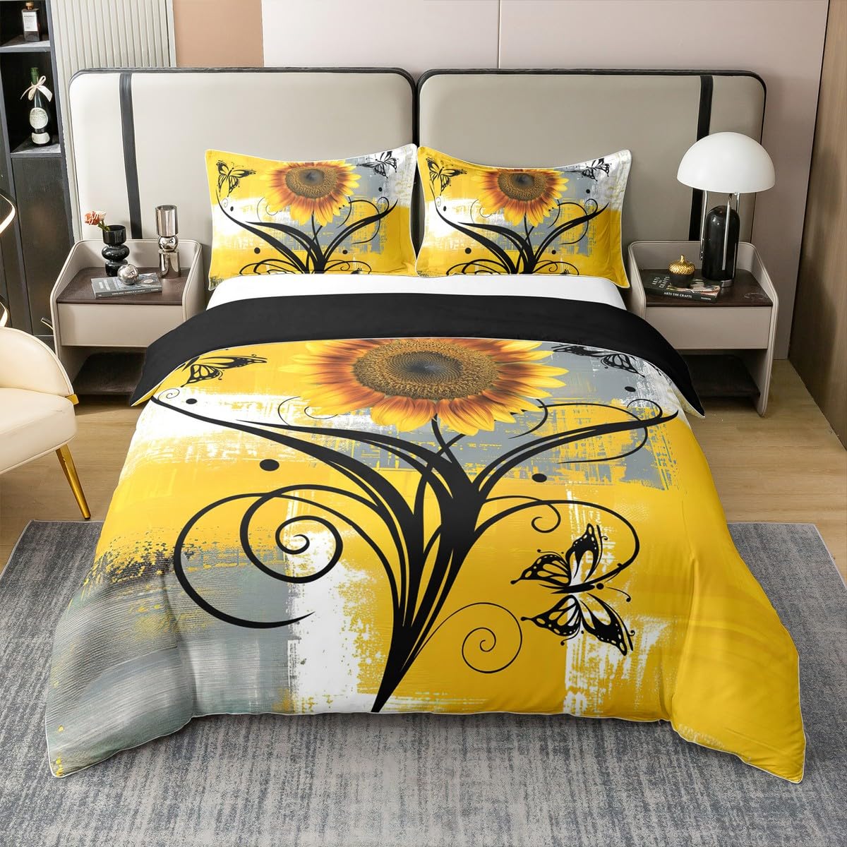 Housse de Couette Tournesol Parure de Lit 240 x 260 Couvre Lit Papillon Noir Vintage