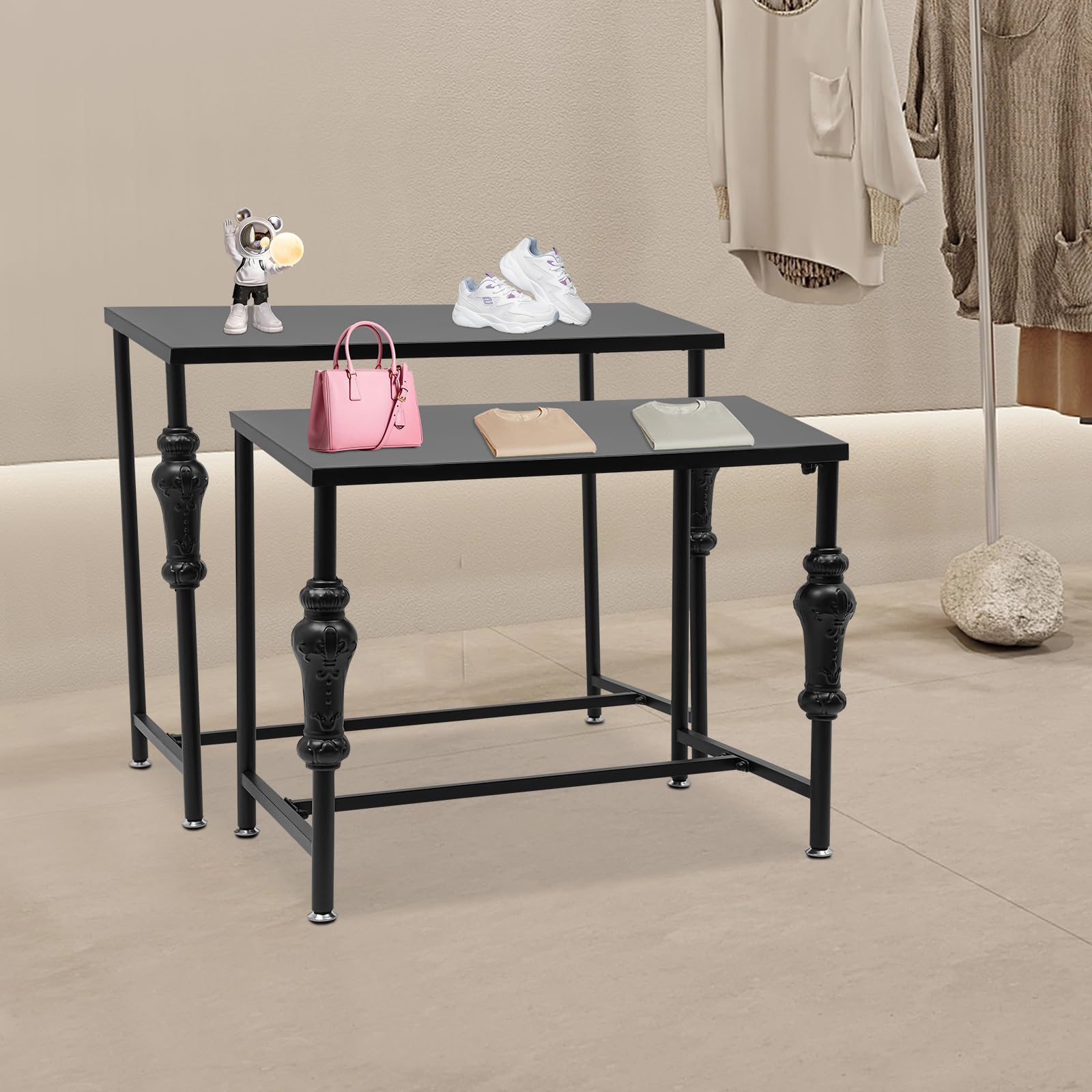 Hanmorfarbi 2 Piece Merchandise Display Rack, Industrial Style Retail Display Table, Vertical Clothing Shoe Display Rack, Boutique Display Rack, Vintage Storage Rack, Clothing Handbag Display Rack