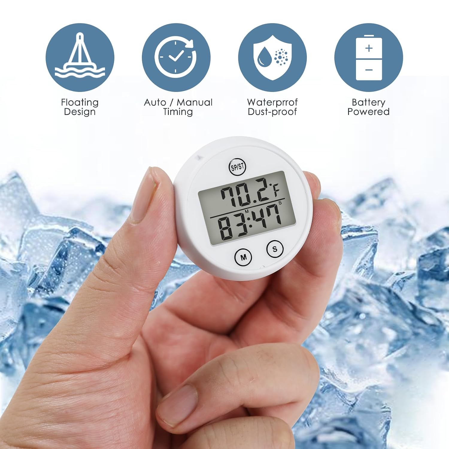 Ice Bath Thermometer with Timer, Waterproof Floating Water Thermometer for Cold Plunge Tub, -20℃ to 70℃ Digital Bath Thermometer for Bathtub, Pool, Hot Tub（White）