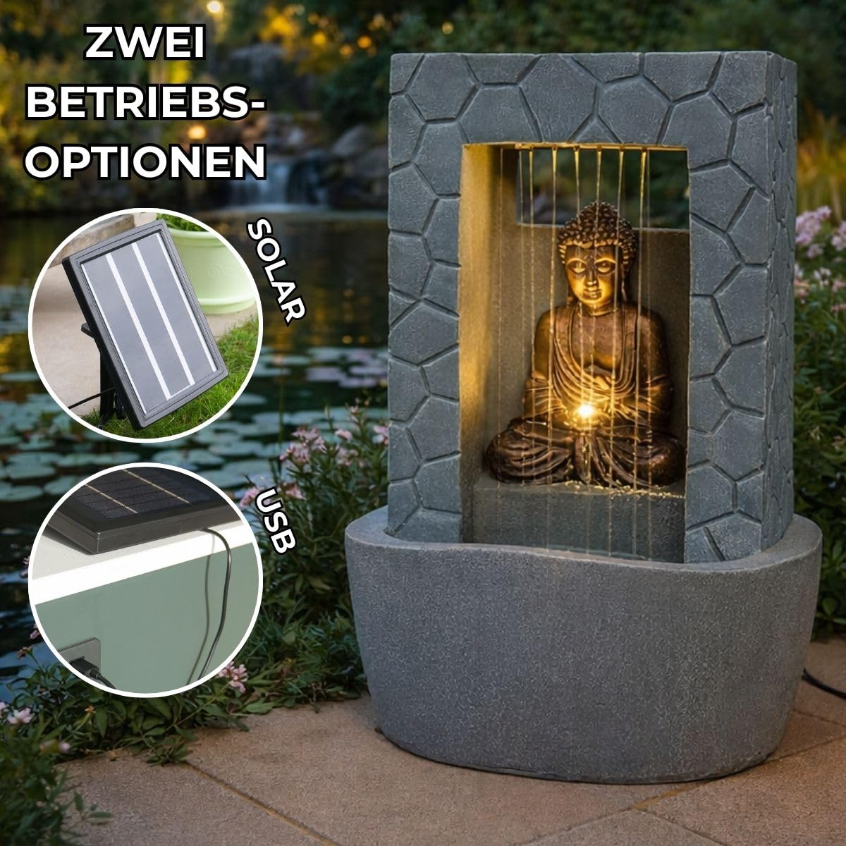 Festive Lights 43cm LED Buddha Solar Springbrunnen Grau Stein Optik Solar und USB Betrieb Solar Brunnen Garten für Innen und Außen Solar Brunnen für draussen Wasserspiel